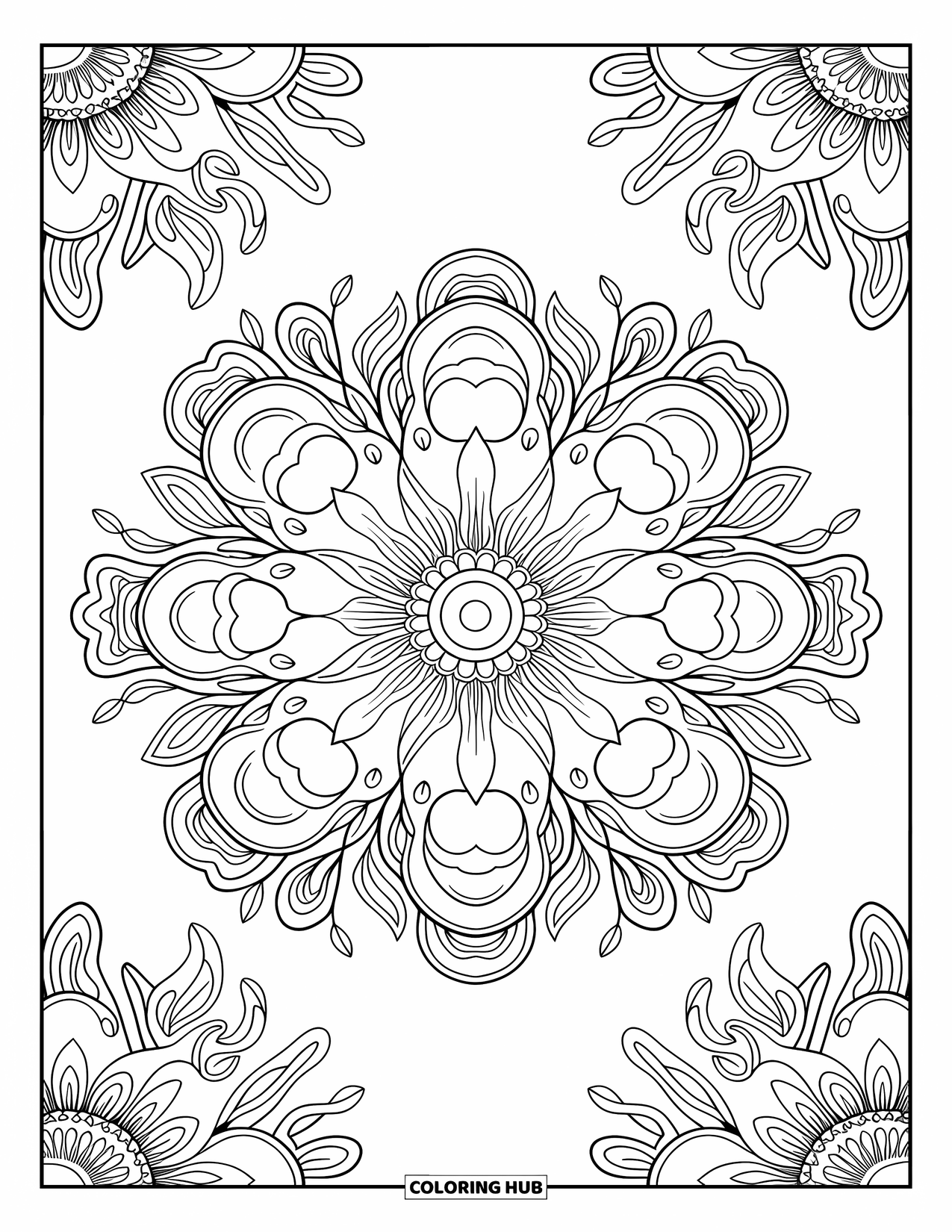 Desen de colorat cu ciuperci pentru adulți: O mandala cu ciuperci, frunze și modele florale