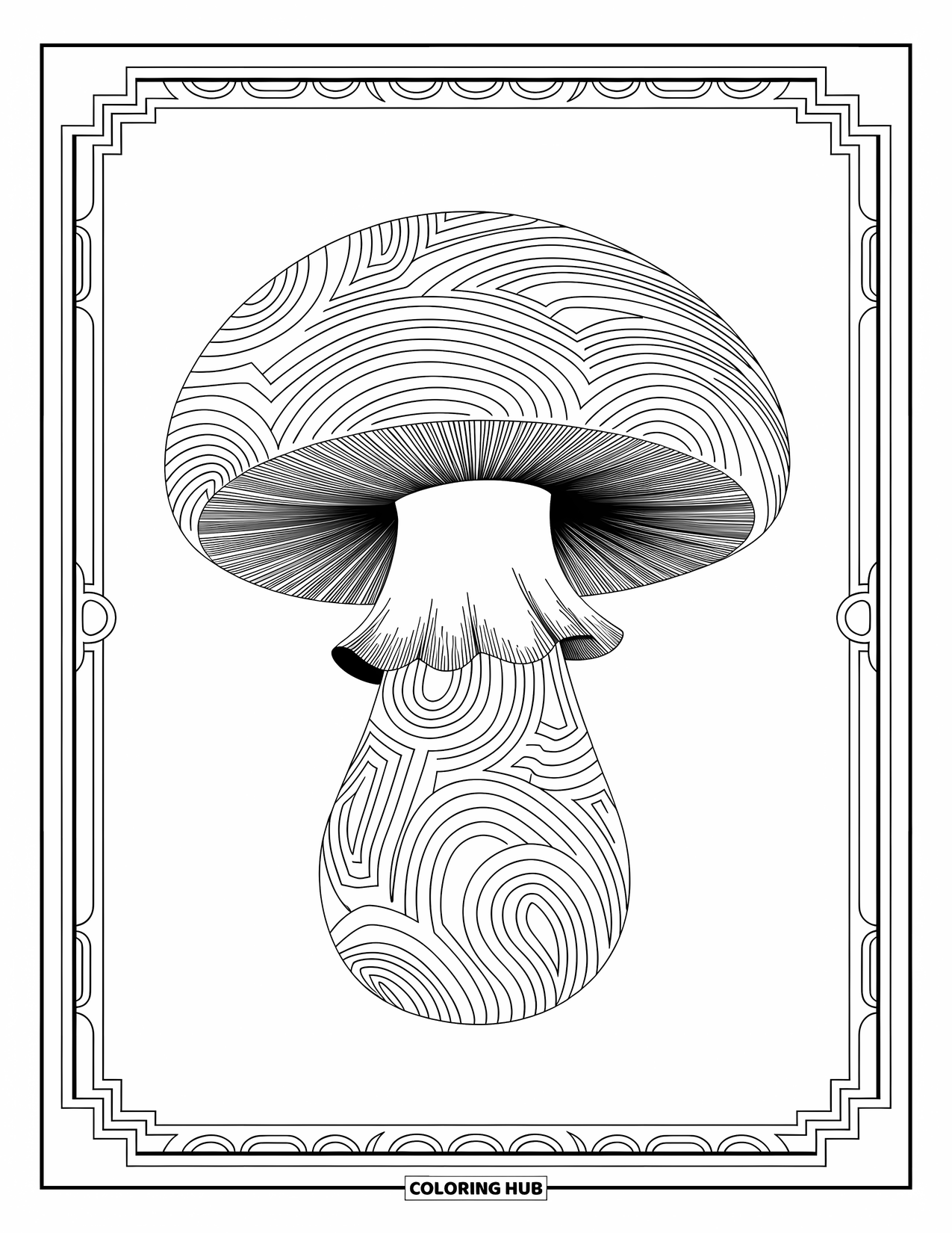 Desen de colorat cu ciuperci pentru adulți: O ciupercă împodobită cu modele șerpuitoare, complicate