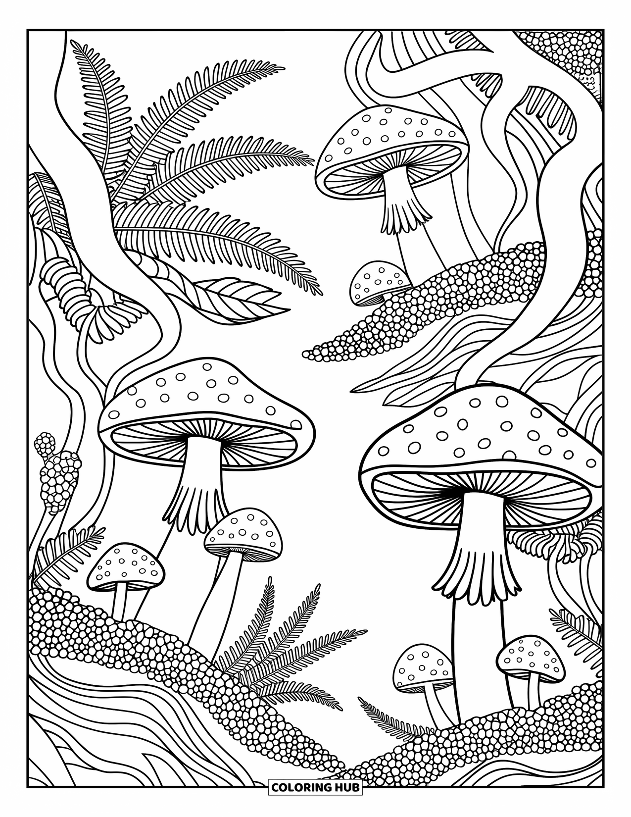 Desen de colorat cu ciuperci pentru adulți: O dumbravă de ciuperci cu ferigi, mușchi și rădăcini șerpuitoare