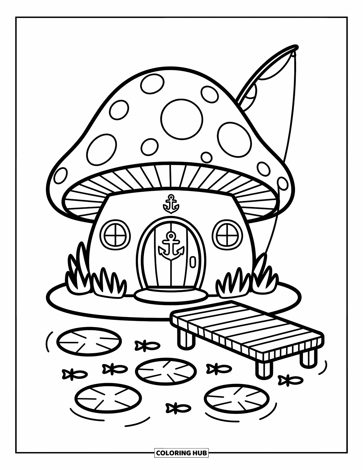 Desen de colorat cu ciuperci pentru adulți: O casă ciupercă lângă un iaz, cu o undiță și o ușă din scoici