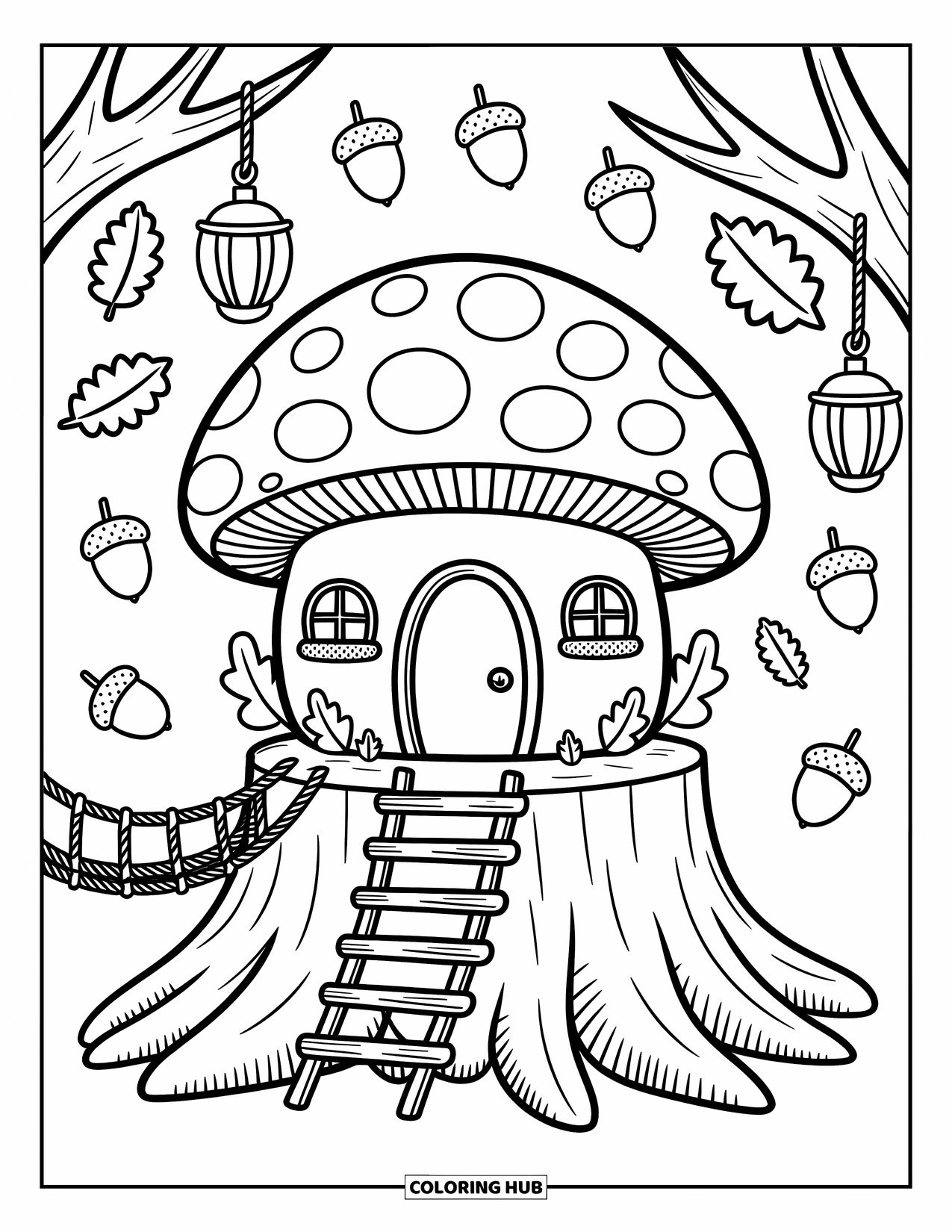 Desen de colorat cu ciuperci pentru adulți: O casă ciupercă pe un butuc, cu un pod de frânghie și felinare