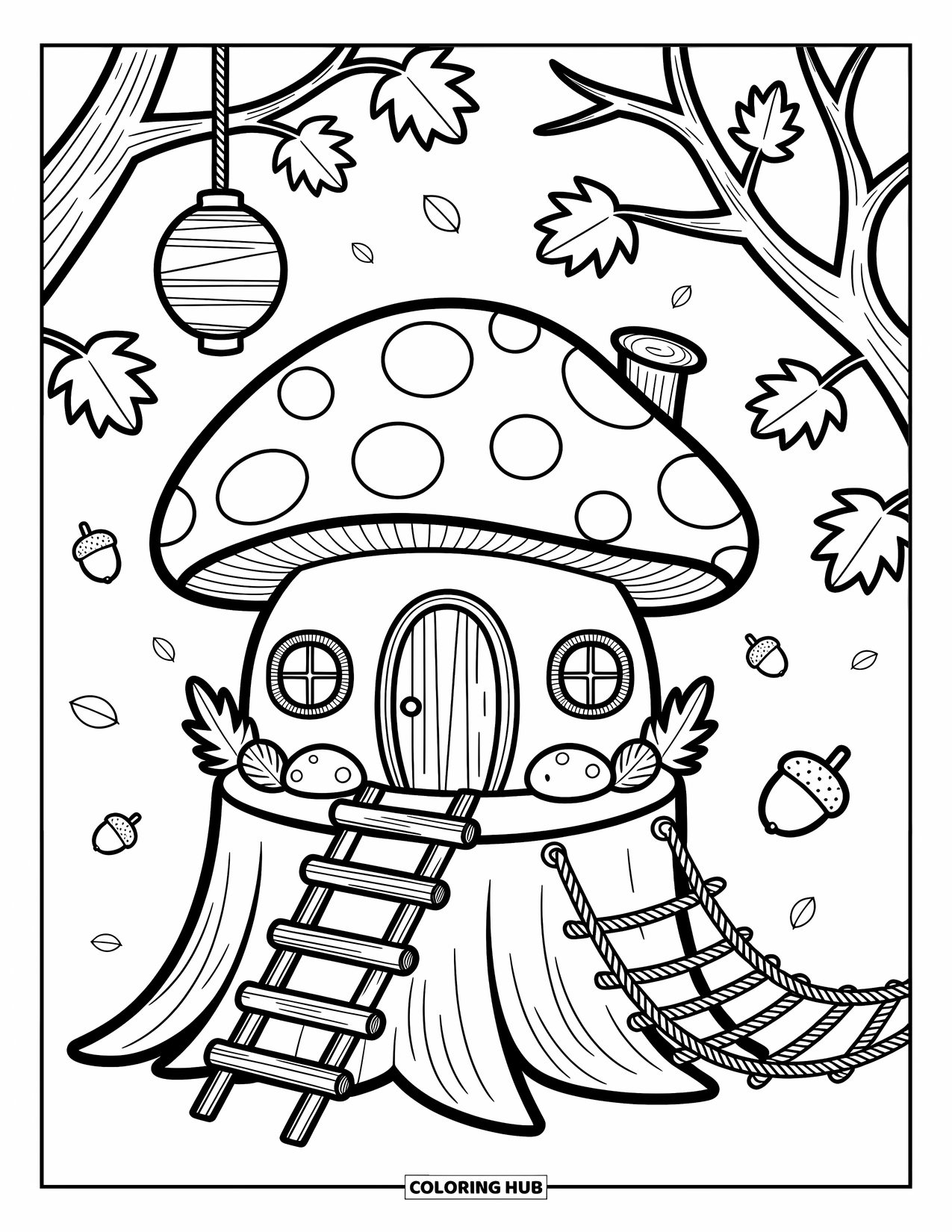 Desen de colorat cu ciuperci pentru adulți: O casă ciupercă pe un butuc de copac, cu felinare, frunze și ghinde