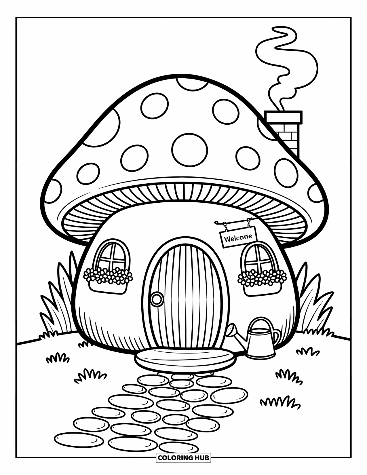 Desen de colorat cu ciuperci pentru adulți: O casă ciupercă cu o potecă pietruită, flori și fum delicat