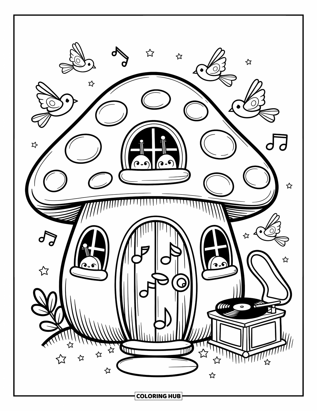 Desen de colorat cu ciuperci pentru adulți: O casă ciupercă cu o ușă cu tematică muzicală și instrumente mici