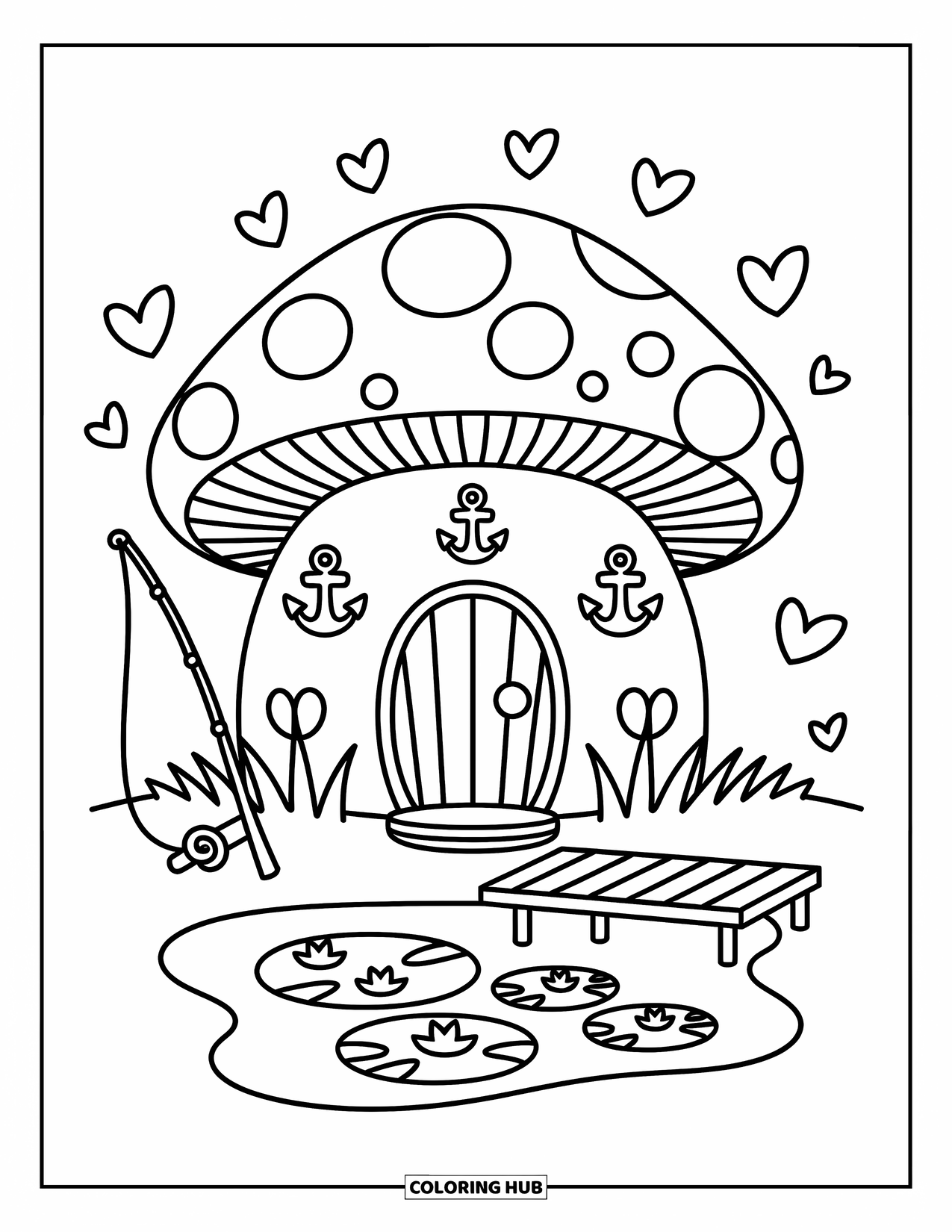 Desen de colorat cu ciuperci pentru adulți: O casă ciupercă cu un iaz, nuferi și pești mici