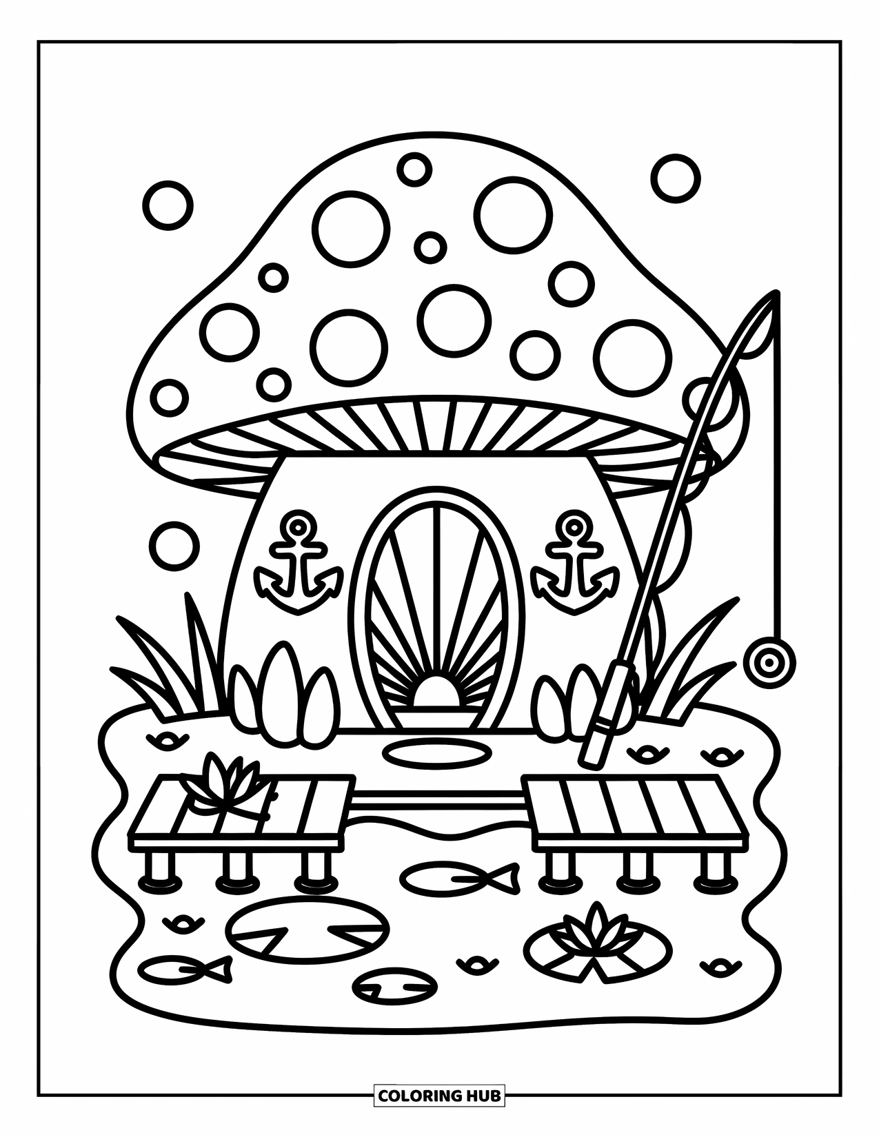 Desen de colorat cu ciuperci pentru adulți: O casă ciupercă cu o ușă din scoici, decorațiuni cu ancore și o undiță