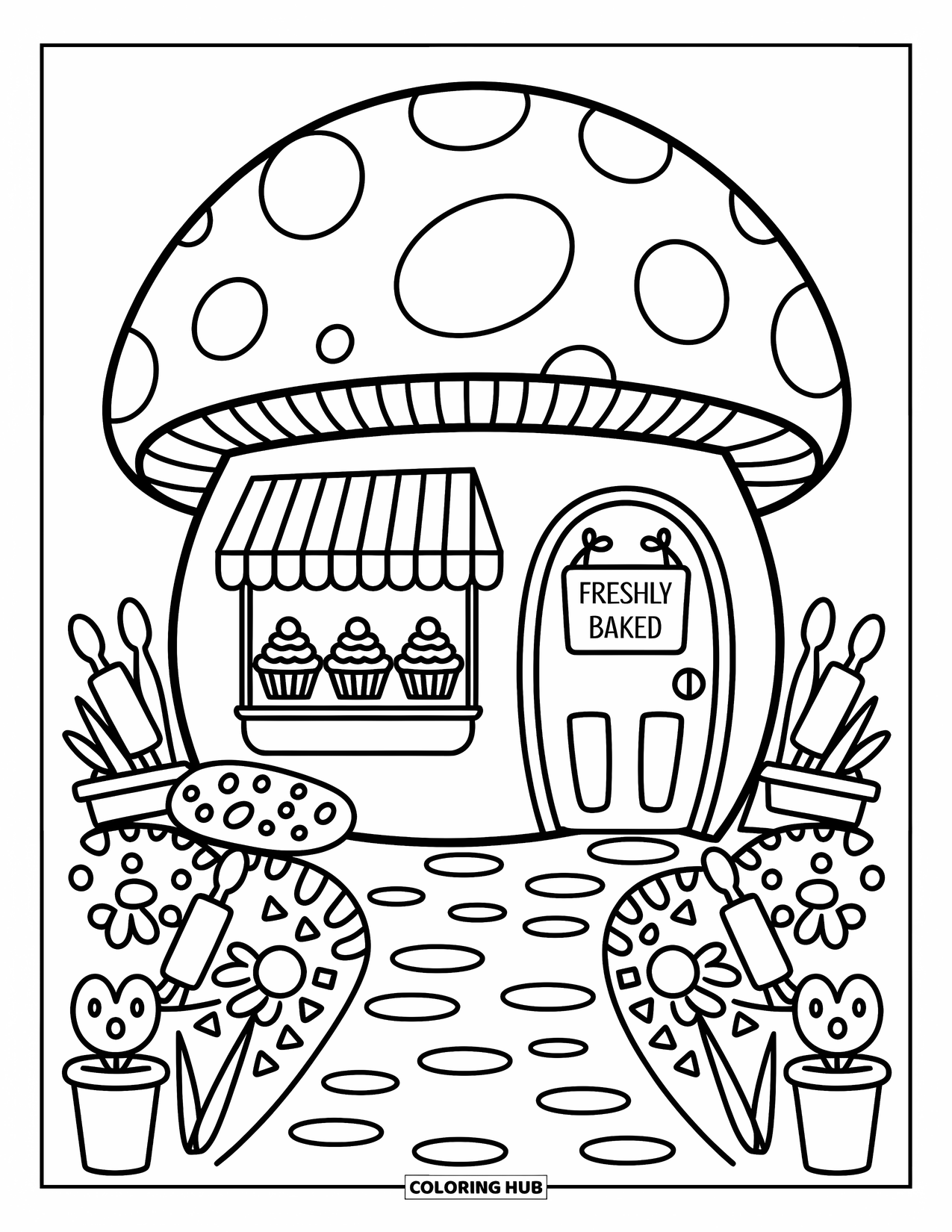 Desen de colorat cu ciuperci pentru adulți: O casă ciupercă cu o marchiză în dungi, brioșe și un indicator "Freshly Baked"