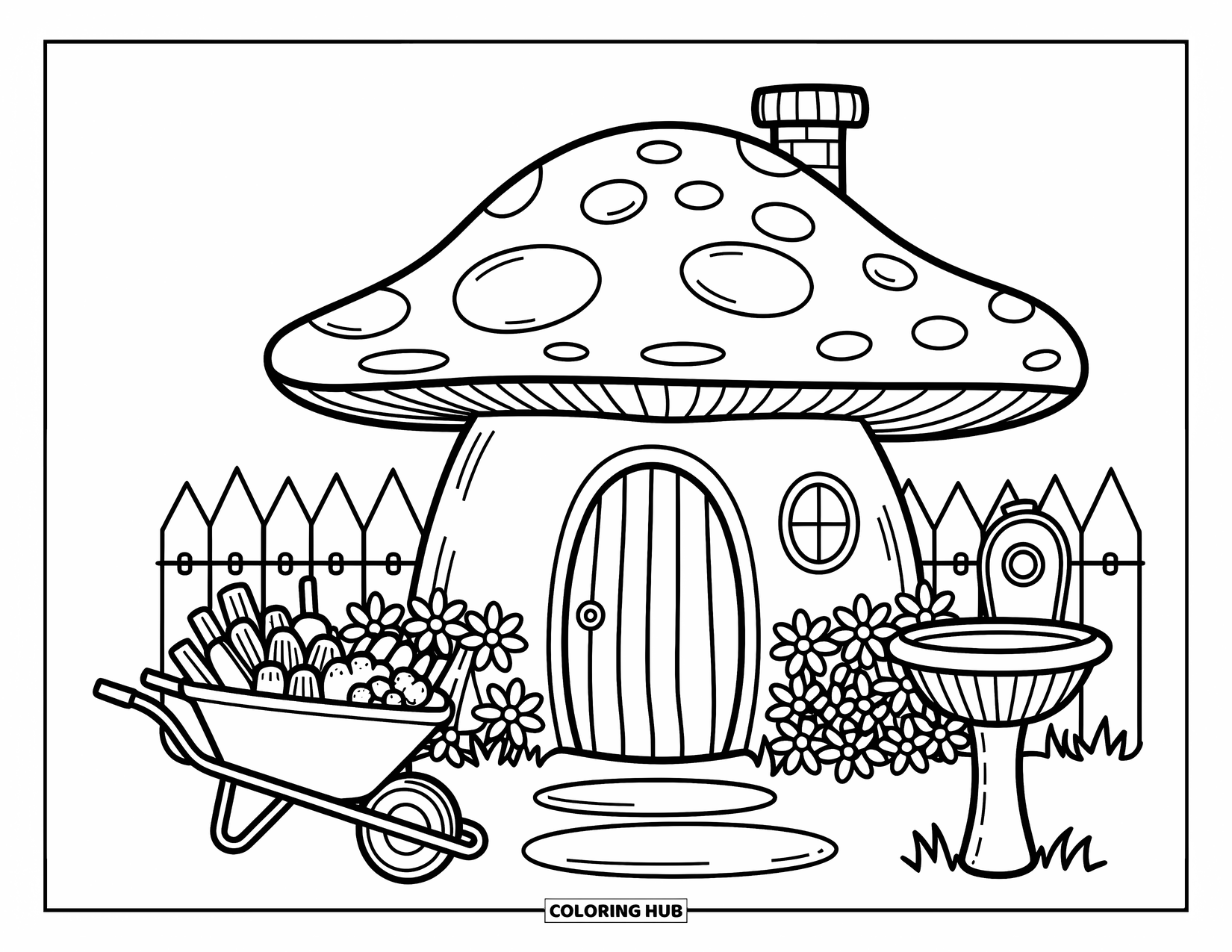 Desen de colorat cu ciuperci pentru adulți: O casă ciupercă cu un gard mic, o baie pentru păsări și legume într-o roabă
