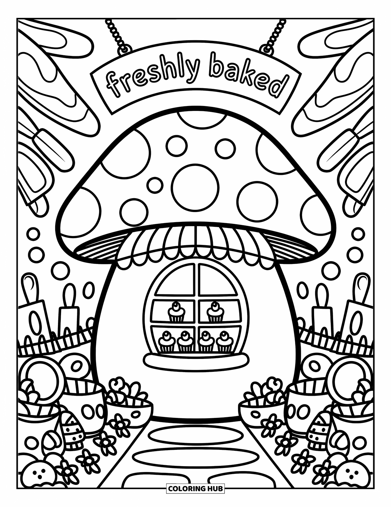 Desen de colorat cu ciuperci pentru adulți: O casă ciupercă cu brioșe în fereastră și un indicator de brutărie