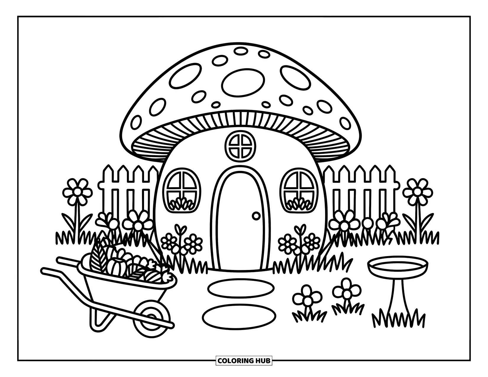 Desen de colorat cu ciuperci pentru adulți: O casă ciupercă cu straturi de flori, o baie pentru păsări și o roabă cu legume