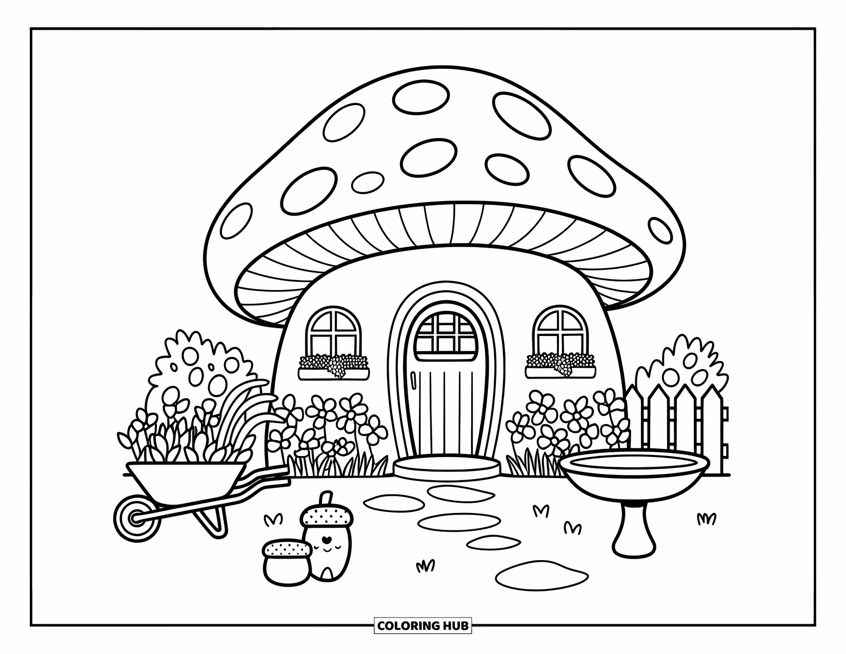Desen de colorat cu ciuperci pentru adulți: O casă ciupercă cu straturi de flori, o baie pentru păsări și o cutie poștală în formă de ghindă