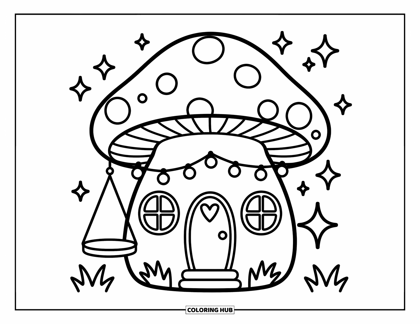 Desen de colorat cu ciuperci pentru adulți: O casă ciupercă cu ferestre în formă de inimă, un balansoar și luminițe sclipitoare