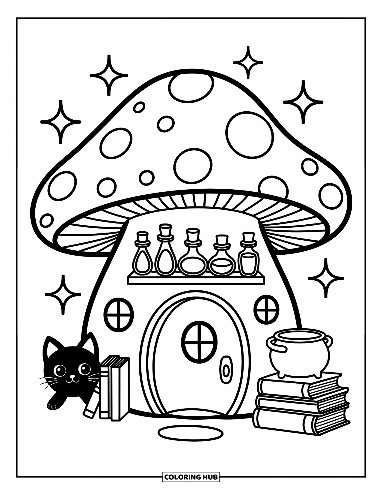 Desen de colorat cu ciuperci pentru adulți: O casă ciupercă cu sticle de poțiune, o pisică neagră și un indicator magic