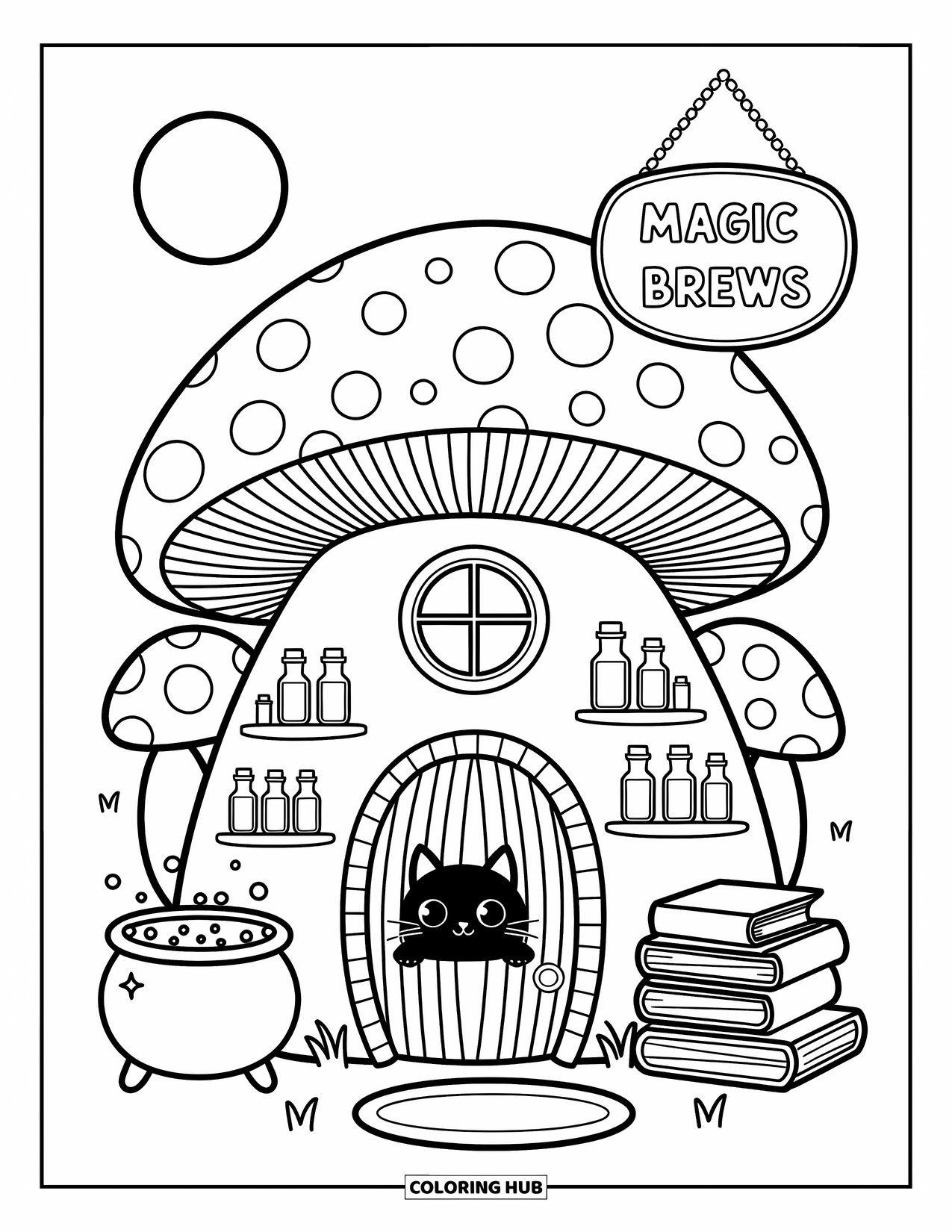 Desen de colorat cu ciuperci pentru adulți: O casă ciupercă cu sticle de poțiune, un cazan și un indicator magic