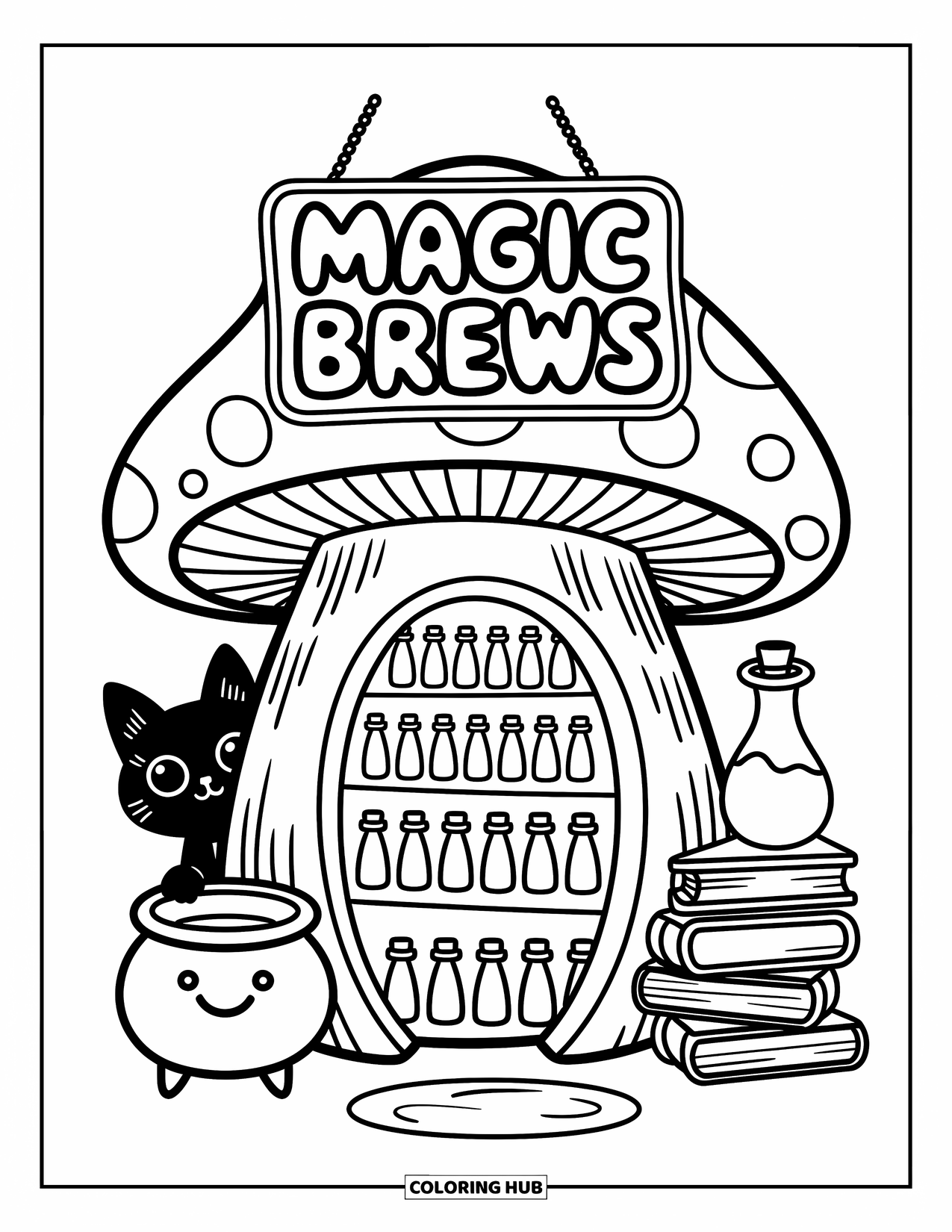 Desen de colorat cu ciuperci pentru adulți: O casă ciupercă cu rafturi cu poțiuni, un cazan și o pisică jucăușă