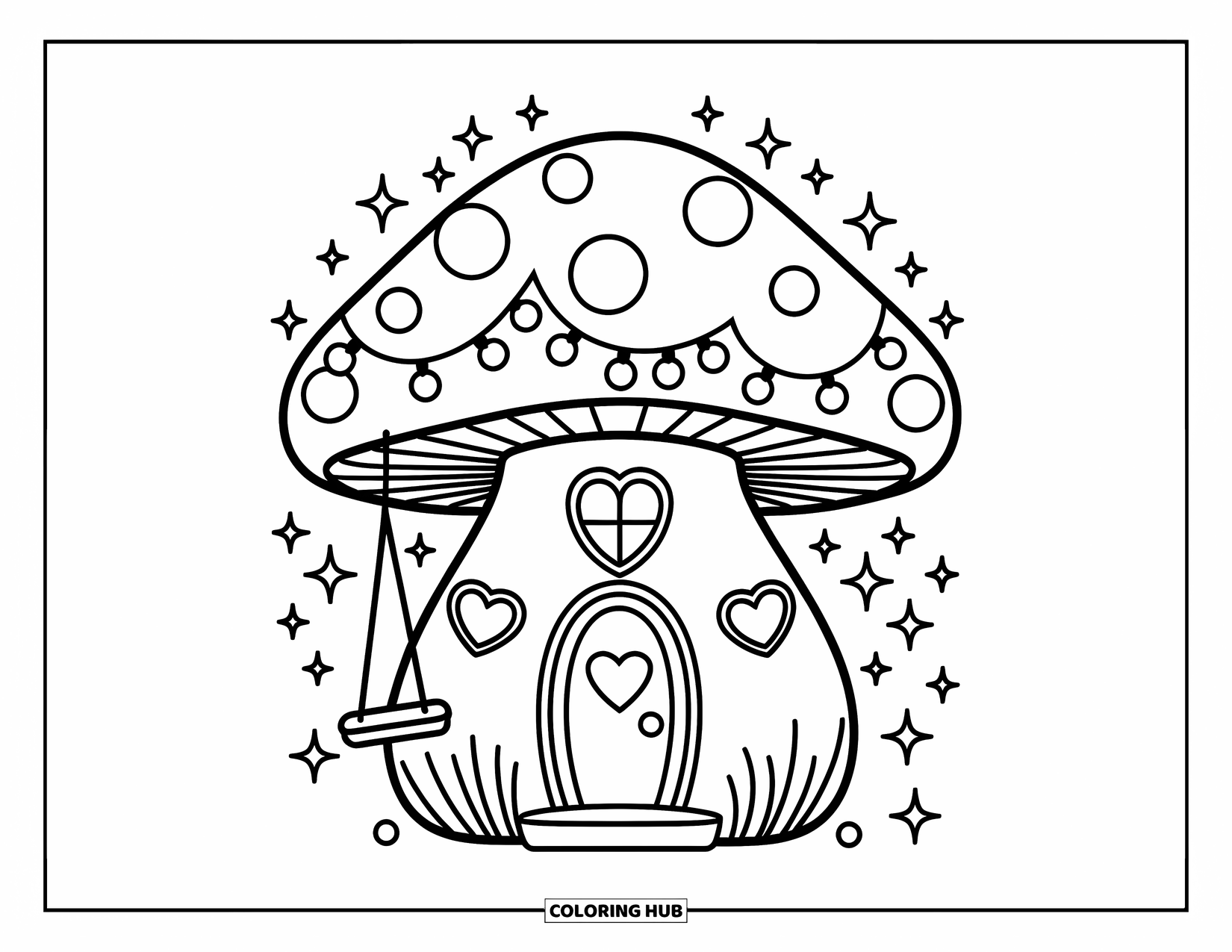 Desen de colorat cu ciuperci pentru adulți: O casă ciupercă cu luminițe, ferestre în formă de inimă și un balansoar