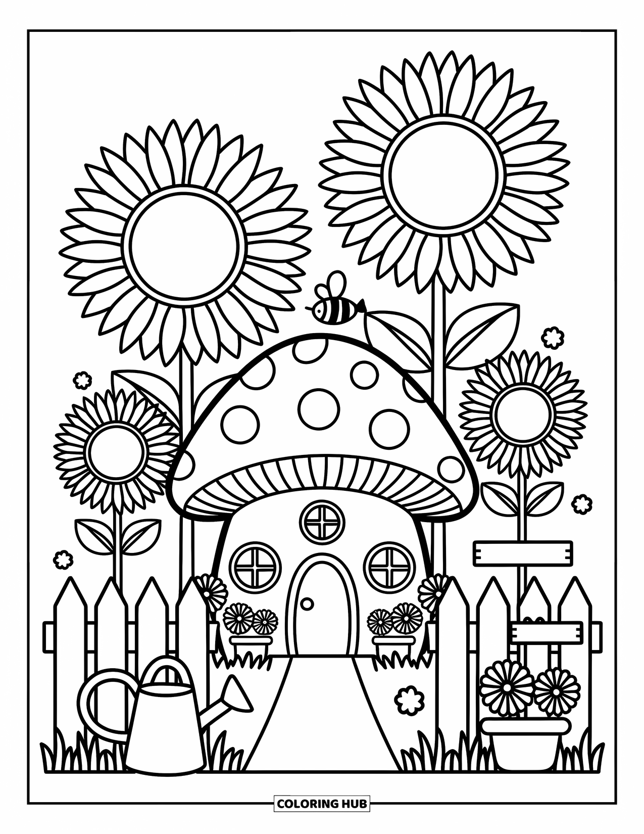 Desen de colorat cu ciuperci pentru adulți: O casă ciupercă cu floarea-soarelui, un gard de nuiele și o albină zumzăitoare