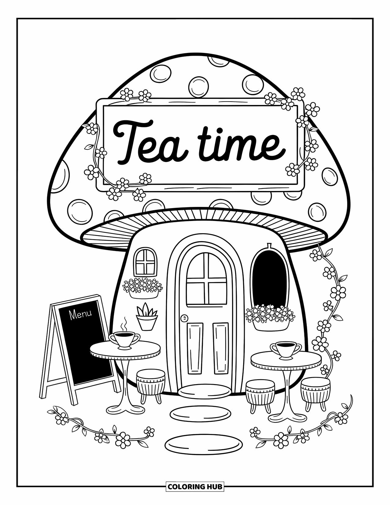 Desen de colorat cu ciuperci pentru adulți: O casă ciupercă cu cești de ceai, viță de vie și un indicator "Tea Time"
