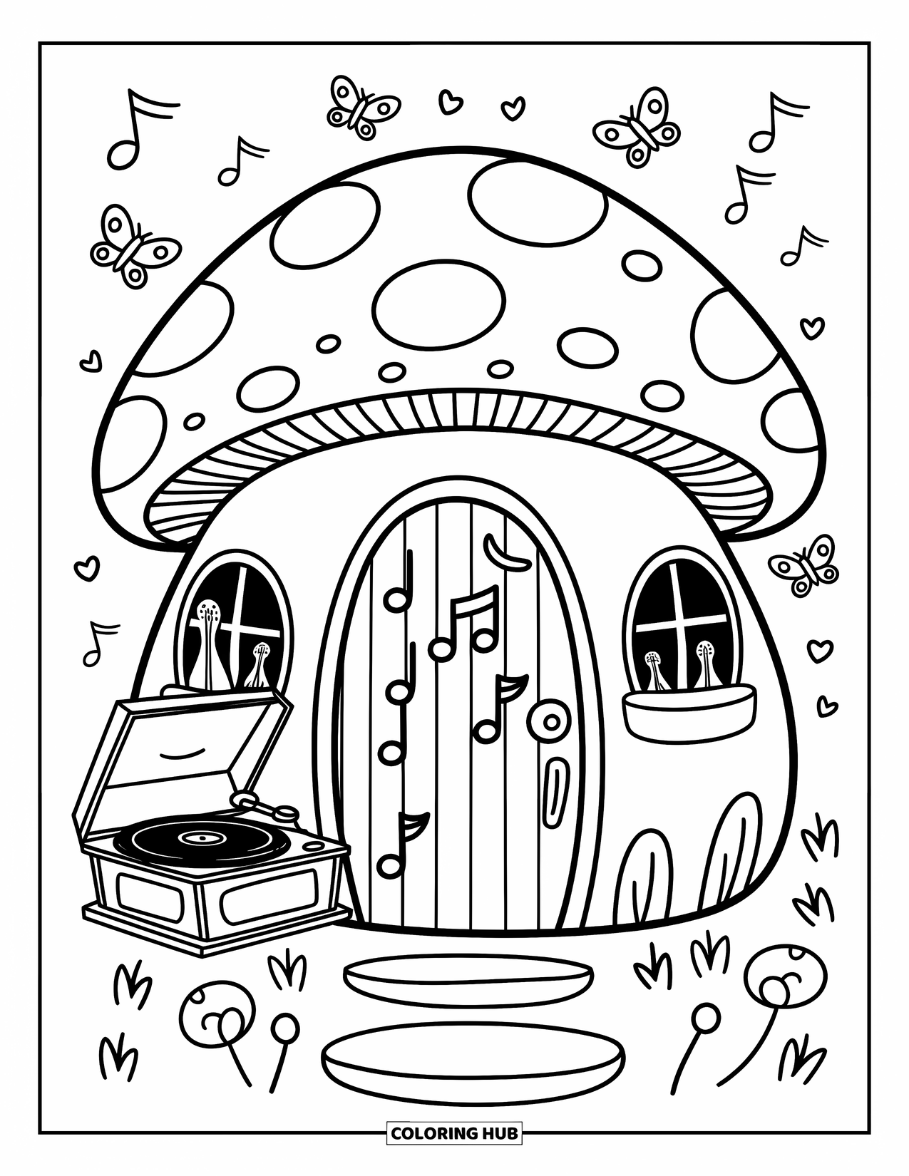 Desen de colorat cu ciuperci pentru adulți: O casă ciupercă cu instrumente mici și păsări care zboară în apropiere