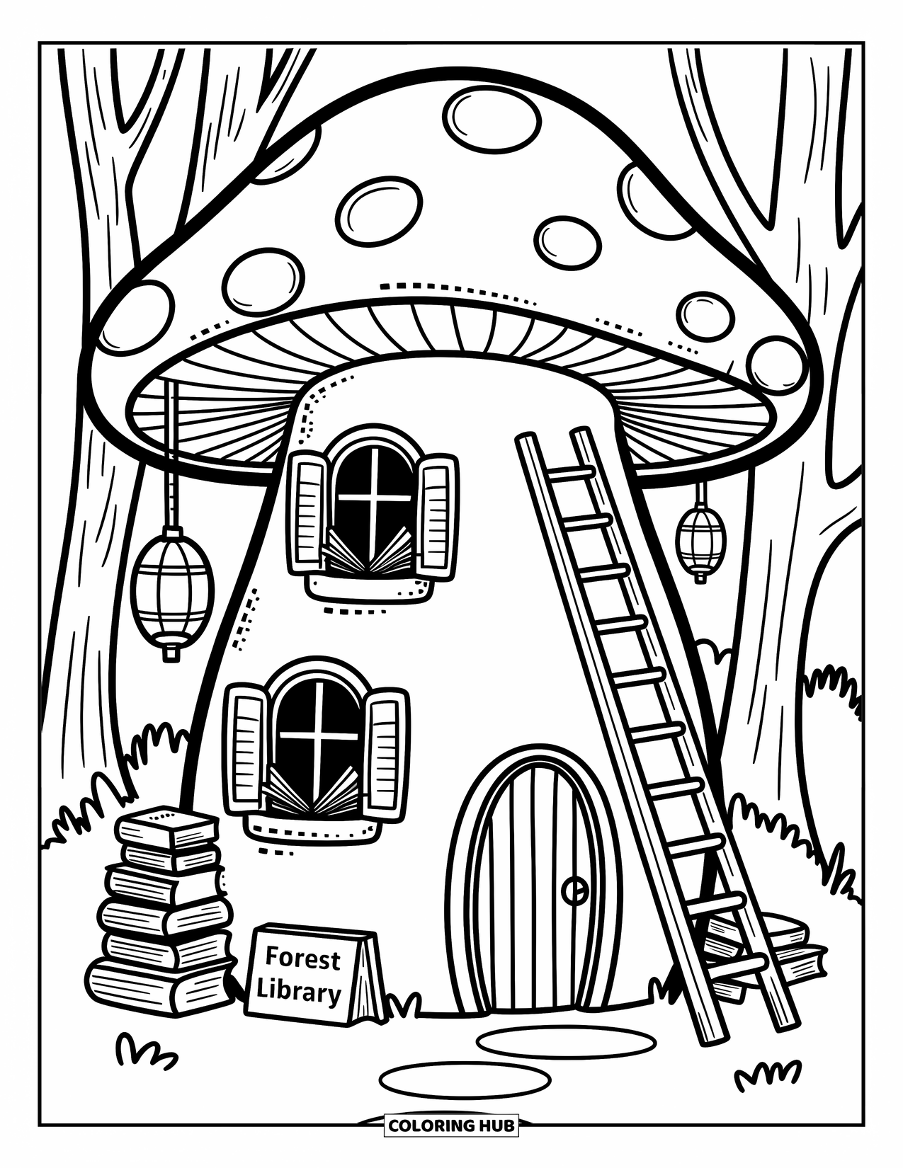Desen de colorat cu ciuperci pentru adulți: O bibliotecă ciupercă cu stive de cărți și felinare atârnate