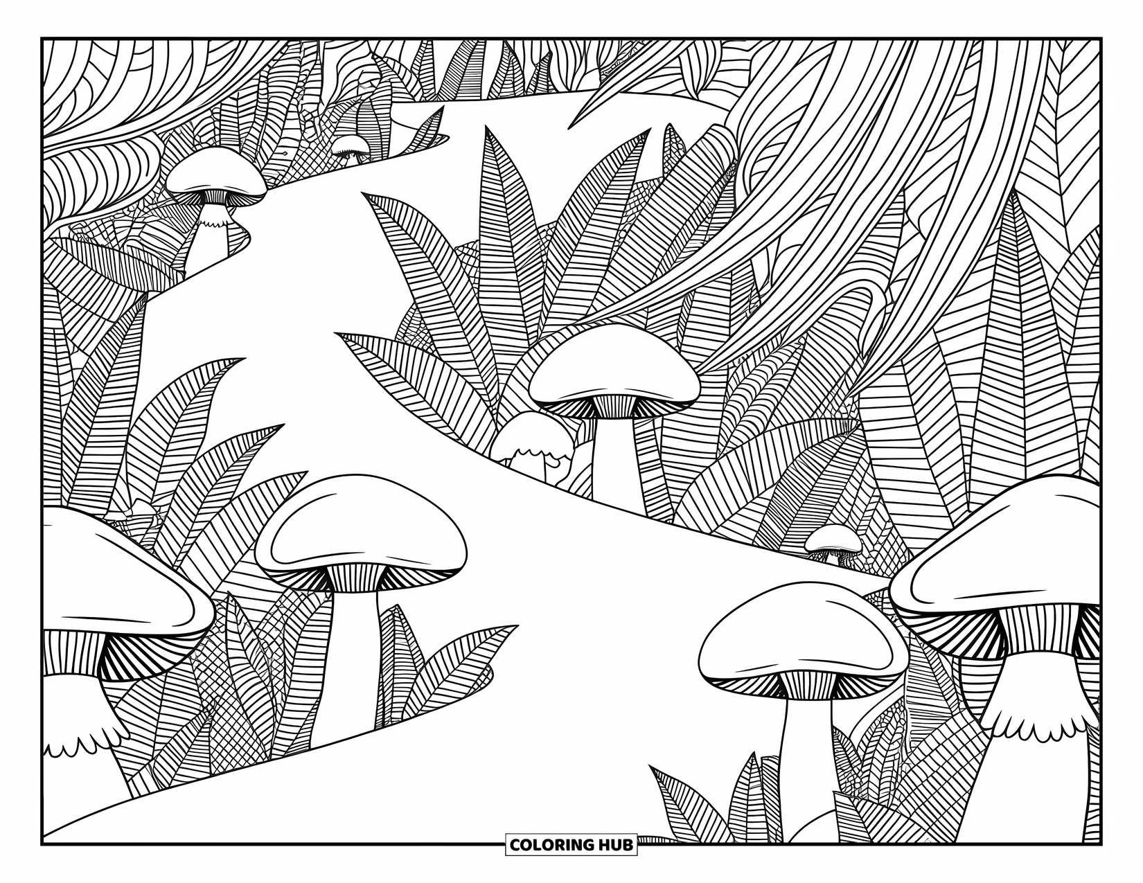 Desen de colorat cu ciuperci pentru adulți: O potecă de ciuperci duce printr-o pădure de ferigi complicate