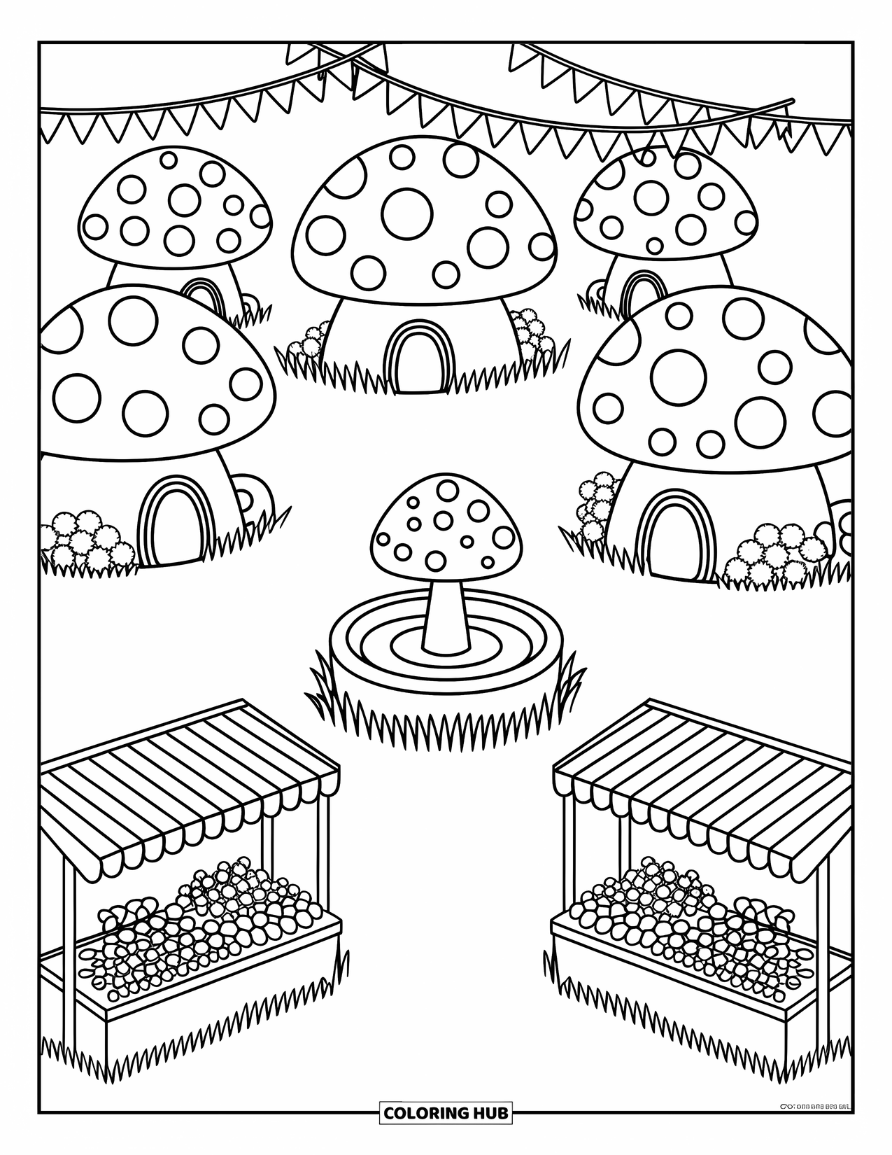 Desen de colorat cu ciuperci pentru adulți: O piață a satului ciupercă, cu case, o fântână și steaguri