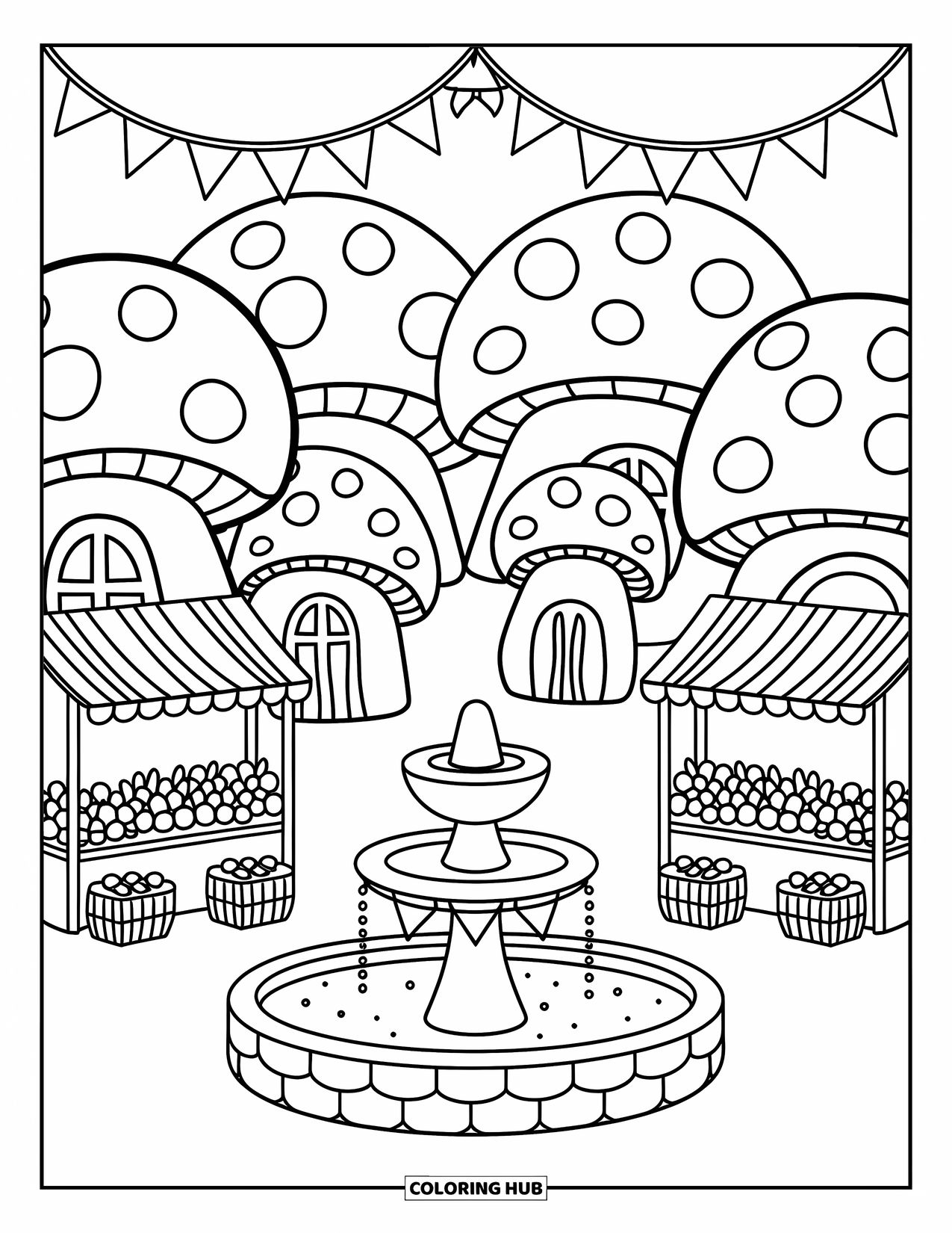 Desen de colorat cu ciuperci pentru adulți: O piață a satului ciupercă, cu case, tarabe de piață și o fântână mică