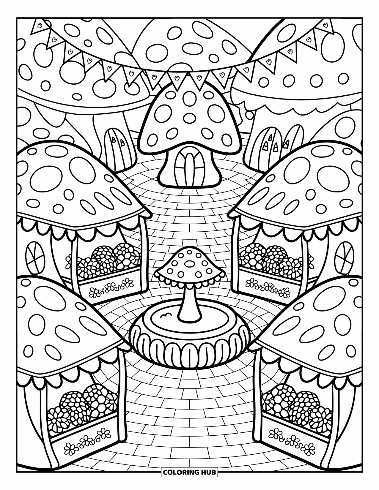 Desen de colorat cu ciuperci pentru adulți: Un sat ciupercă cu o fântână, steaguri și tarabe de piață