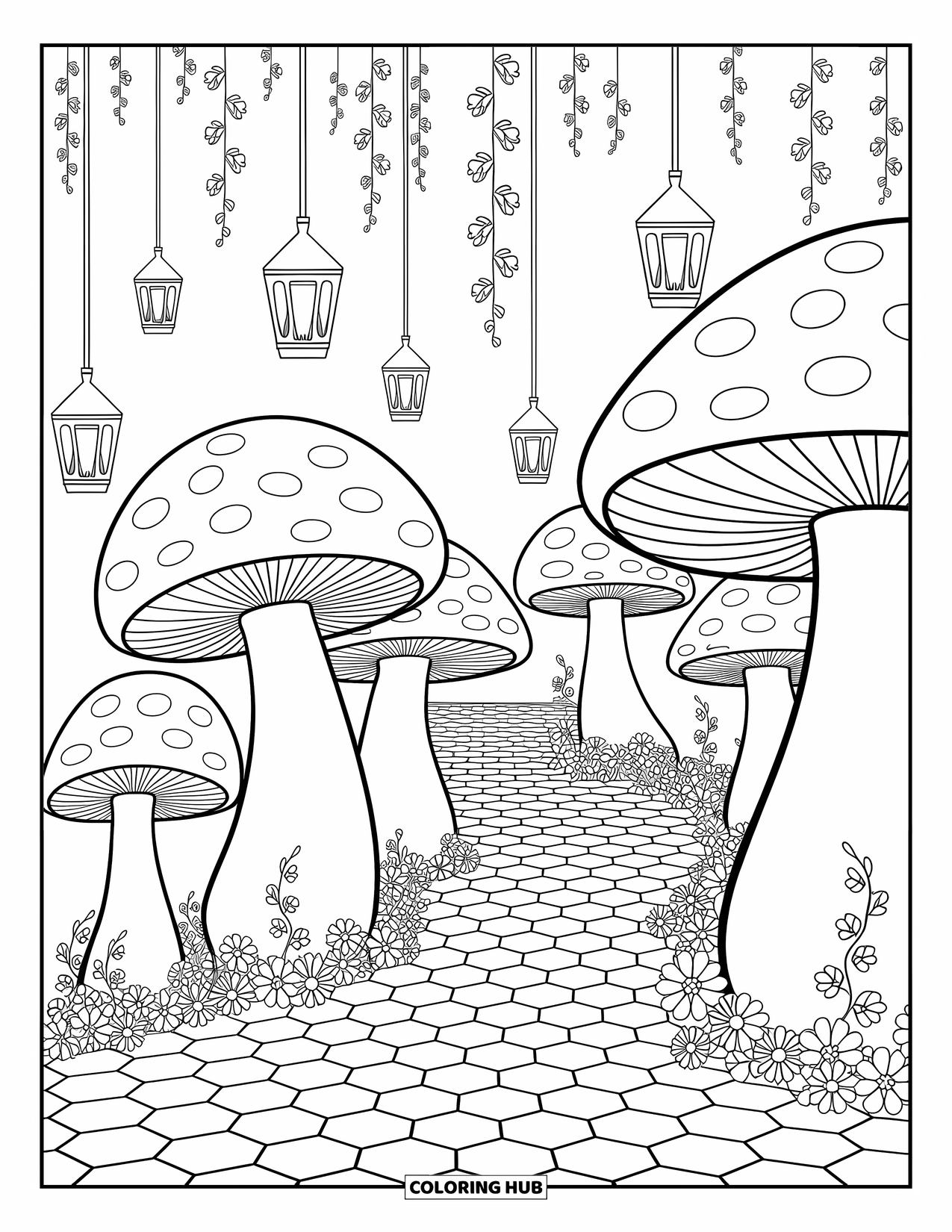 Desen de colorat cu ciuperci pentru adulți: Un sat de ciuperci cu felinare și poteci complicate din piatră cubică