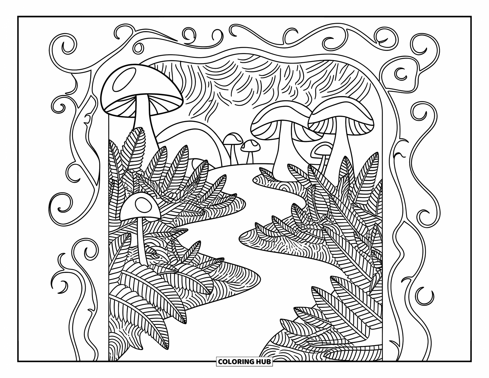 Desen de colorat cu ciuperci pentru adulți: O potecă de ciuperci care șerpuiește prin ferigi, cu viță de vie