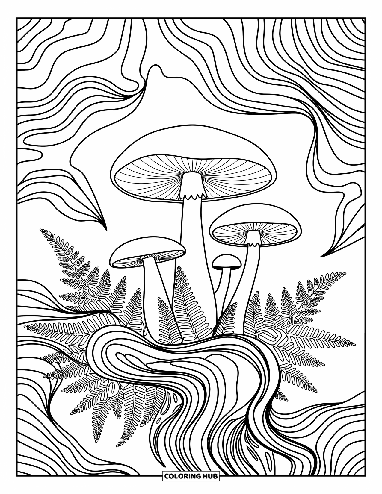 Desen de colorat cu ciuperci pentru adulți: Un luminiș liniștit cu ciuperci, cu ferigi și modele șerpuitoare