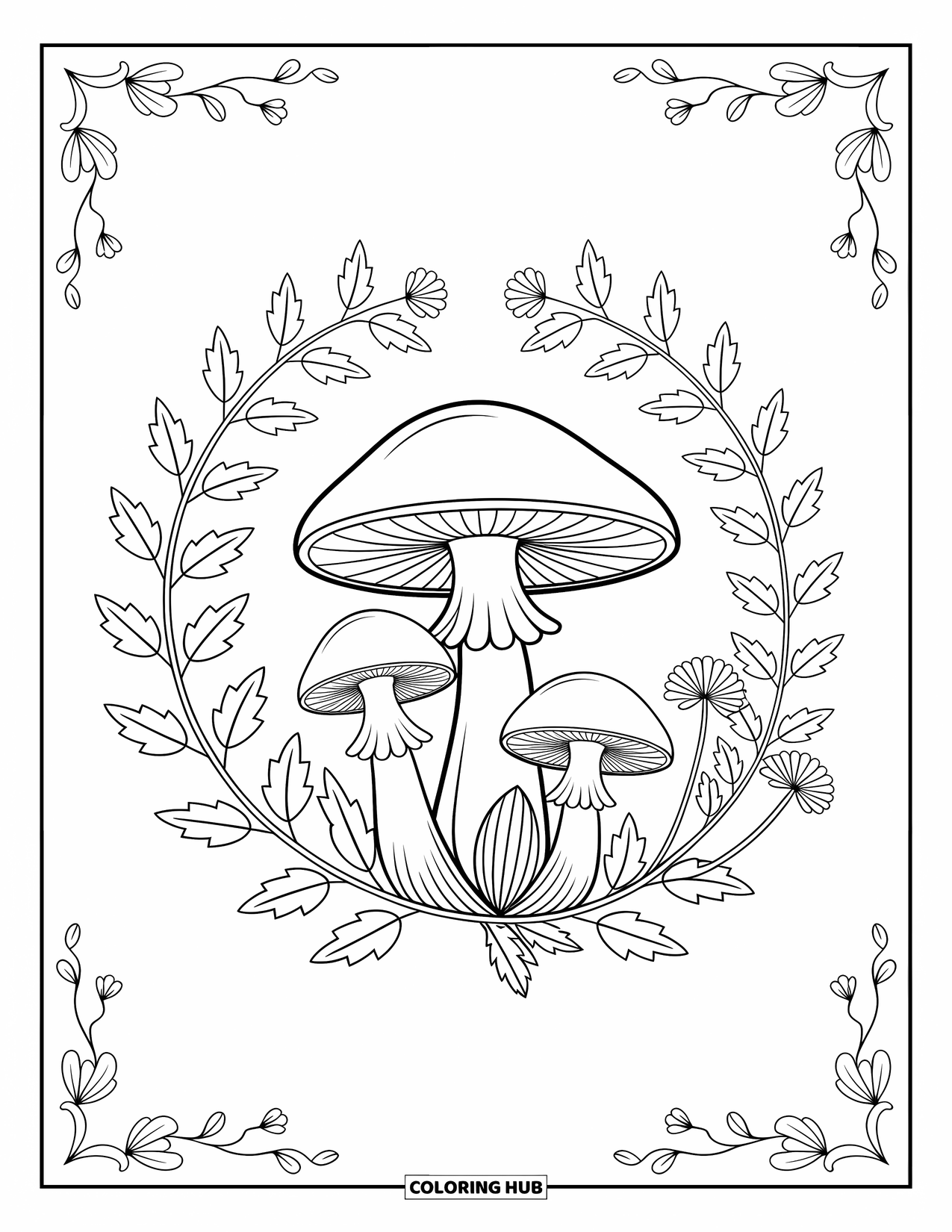 Desen de colorat cu ciuperci pentru adulți: Un cerc de ciuperci cu iederă și flori delicate