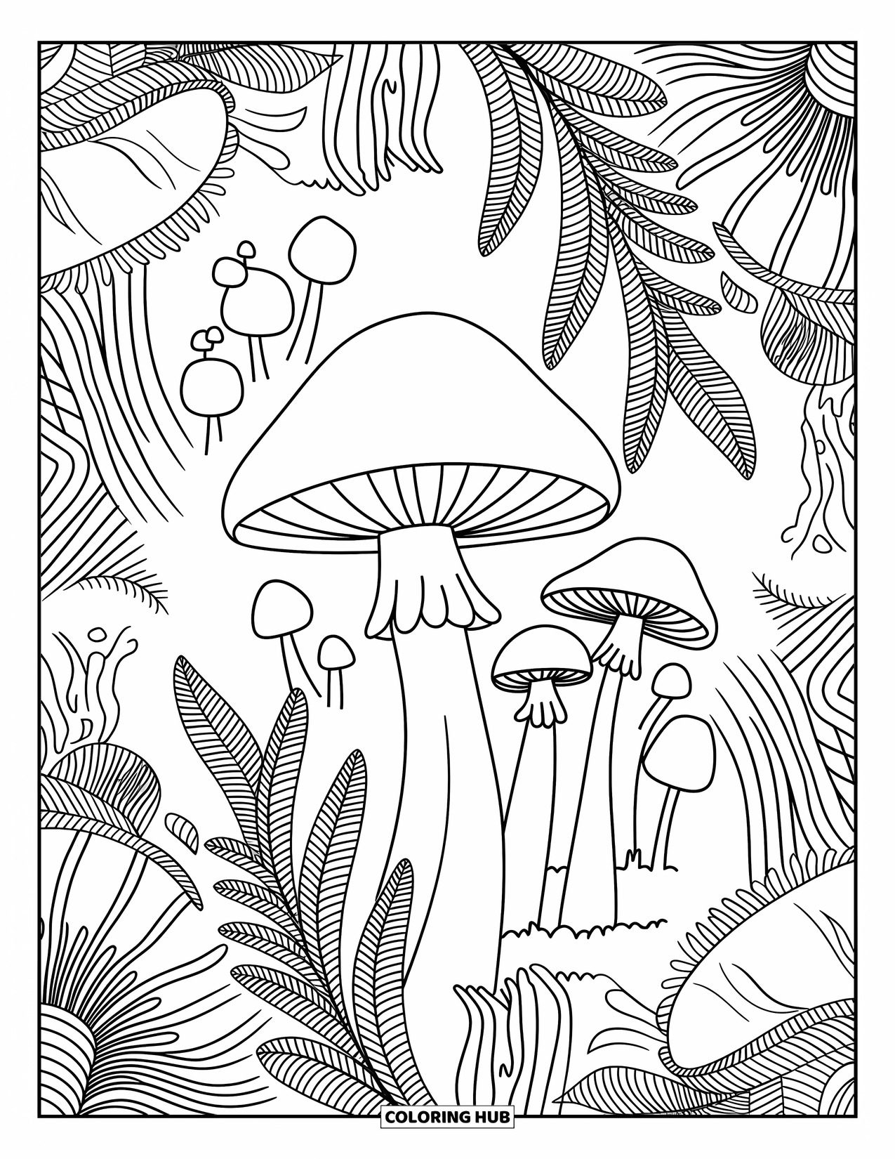 Desen de colorat cu ciuperci pentru adulți: Un luminiș senin cu ciuperci, cu ferigi și mușchi