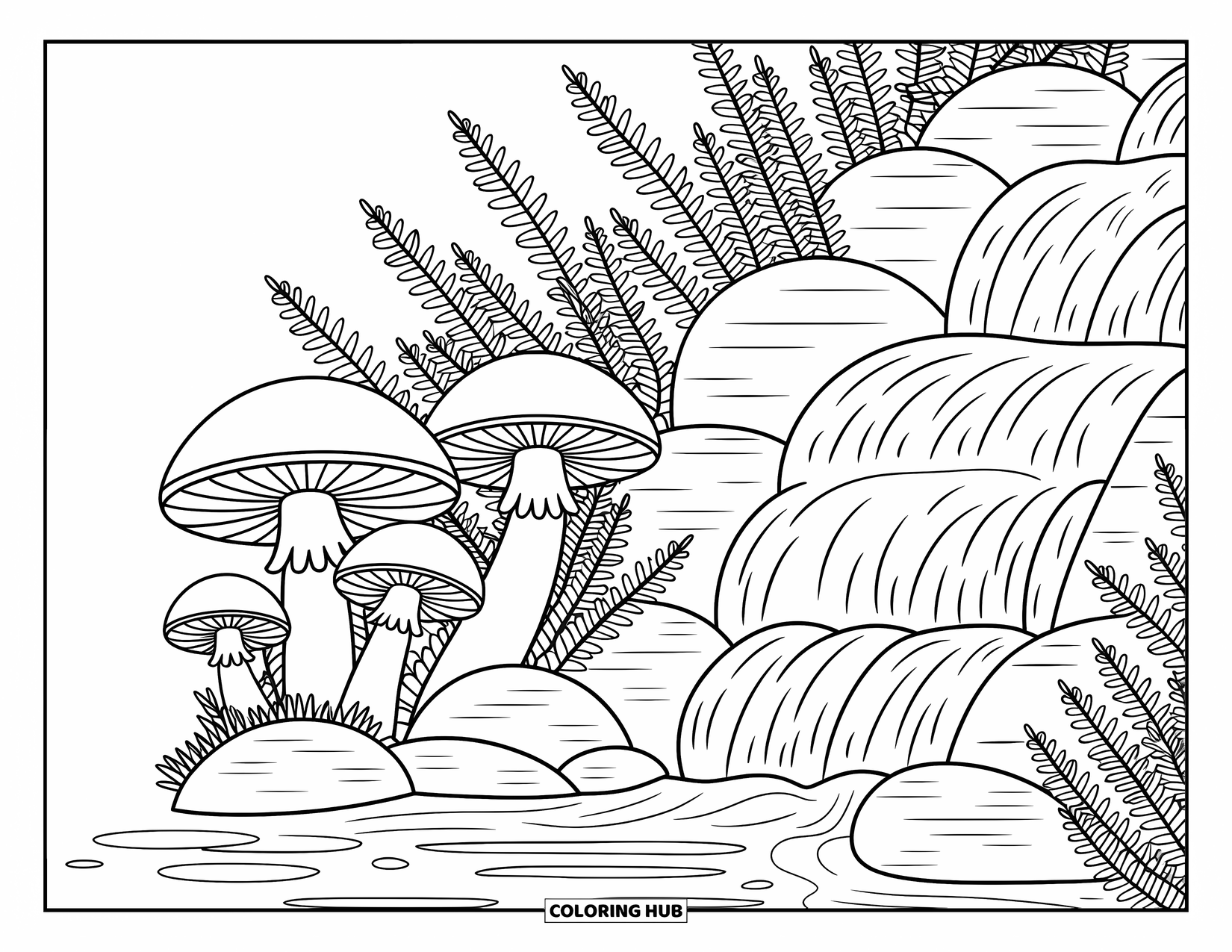 Desen de colorat cu ciuperci pentru adulți: O cascadă senină cu ciuperci și modele complicate