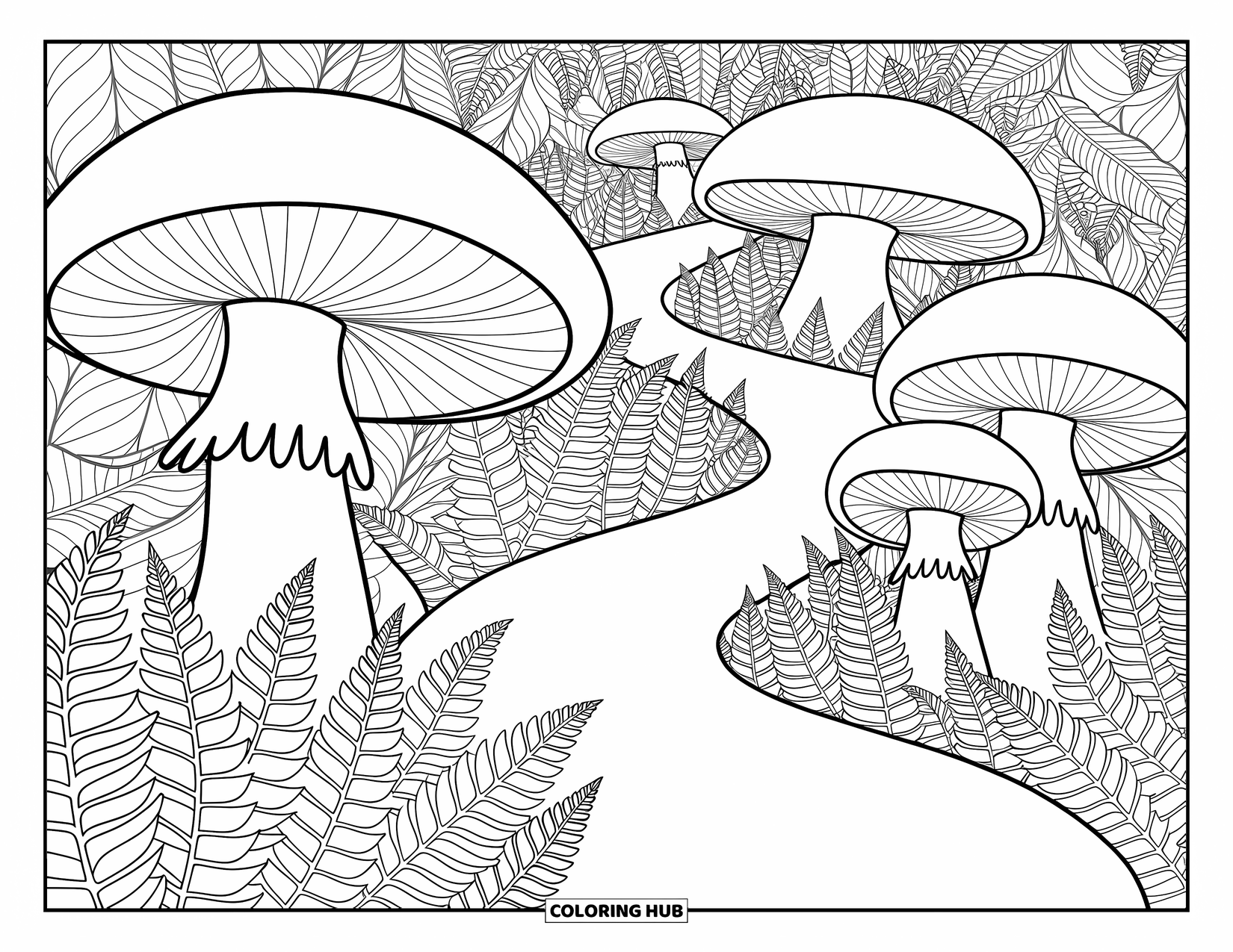 Desen de colorat cu ciuperci pentru adulți: O potecă șerpuită de ciuperci printr-o pădure de ferigi