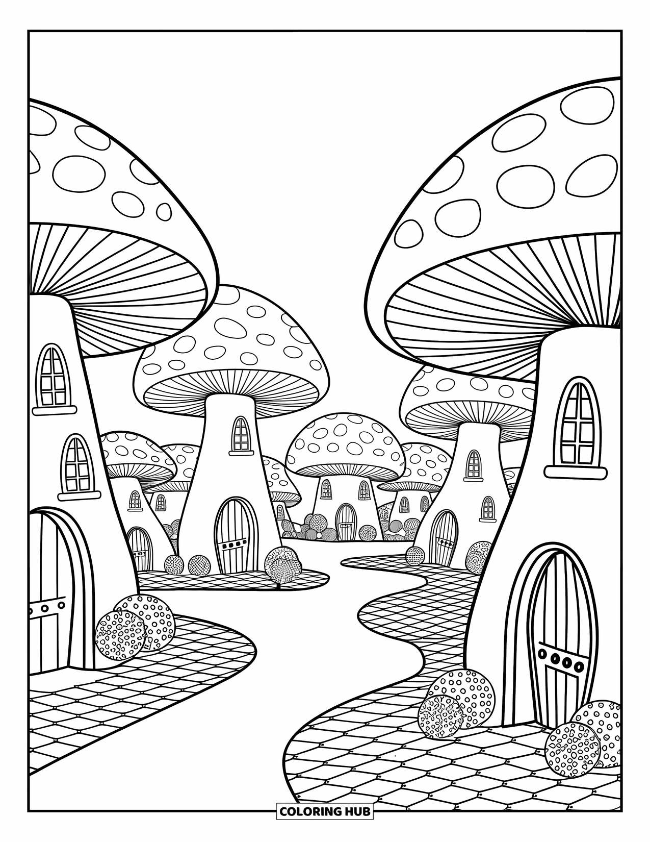 Desen de colorat cu ciuperci pentru adulți: Un sat ciupercă fermecat, cu poteci pietruite și felinare strălucitoare
