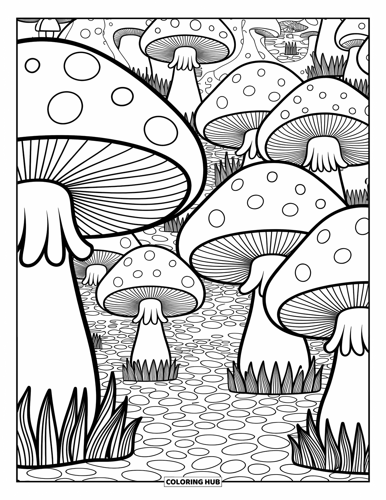 Desen de colorat cu ciuperci pentru adulți: Un sat ciupercă fermecat, cu poteci pietruite și felinare
