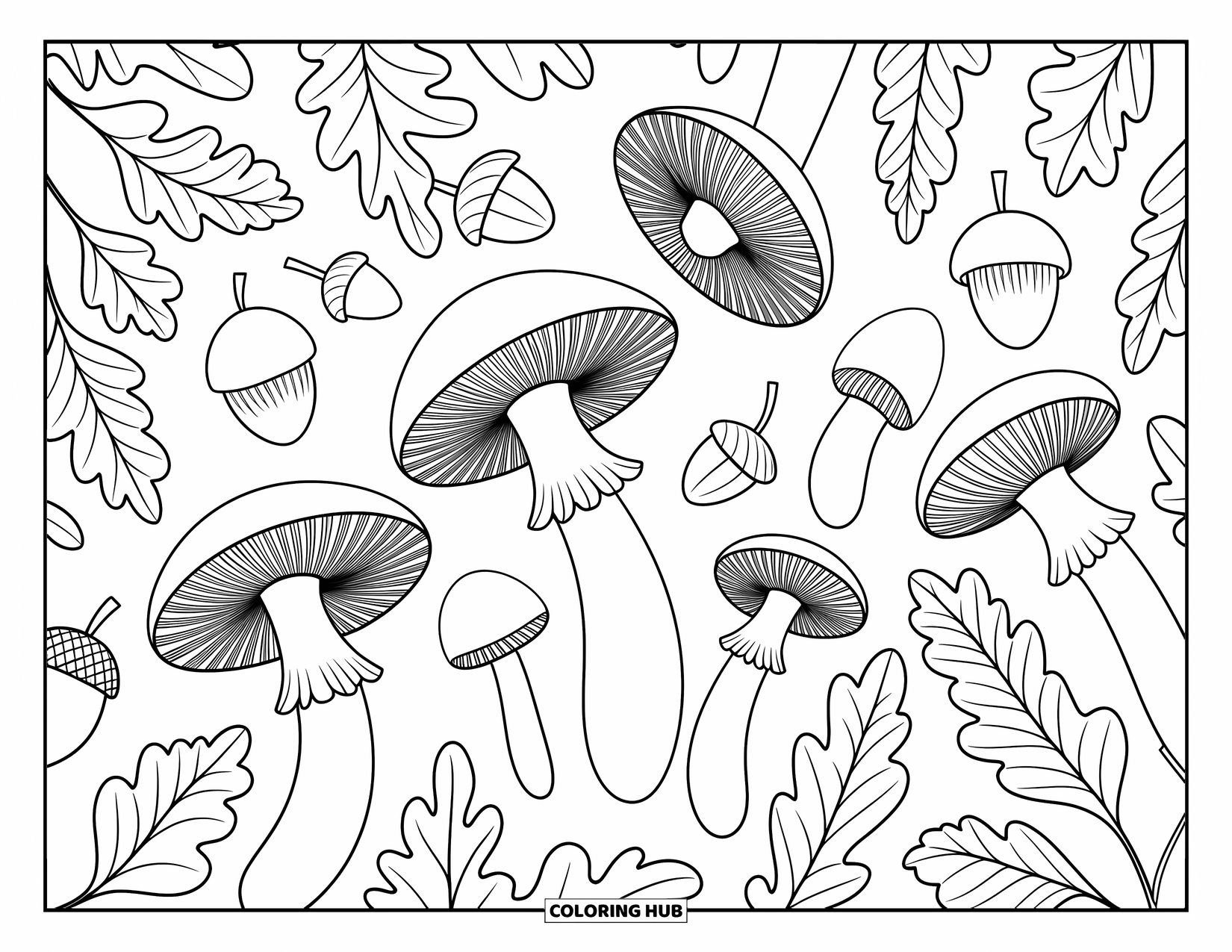 Desen de colorat cu ciuperci pentru adulți: Ciuperci delicate cu frunze, fructe de pădure și ghinde într-o scenă detaliată