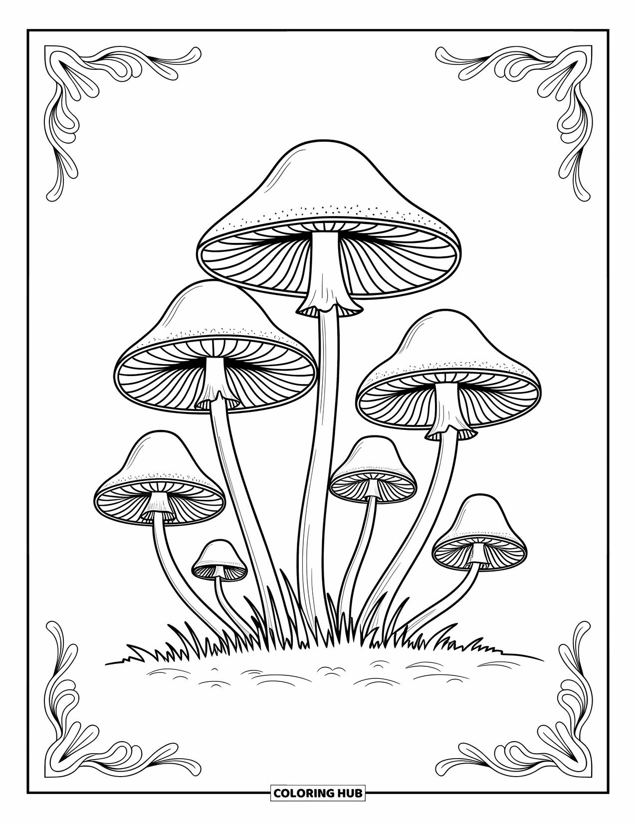 Desen de colorat cu ciuperci pentru adulți: Ciuperci delicate cu modele asemănătoare petalelor
