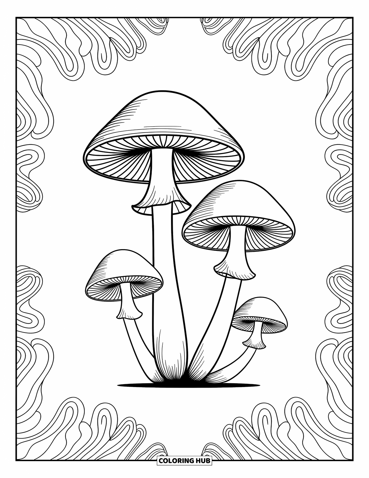 Desen de colorat cu ciuperci pentru adulți: Ciuperci elegante cu modele asemănătoare petalelor și detalii șerpuitoare