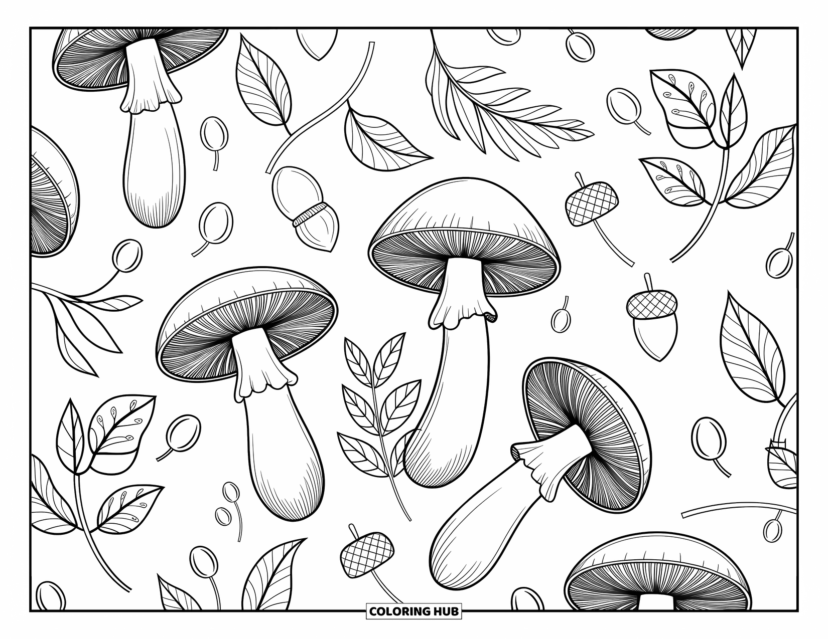 Desen de colorat cu ciuperci pentru adulți: Ciuperci complicate cu frunze, fructe de pădure și ghinde