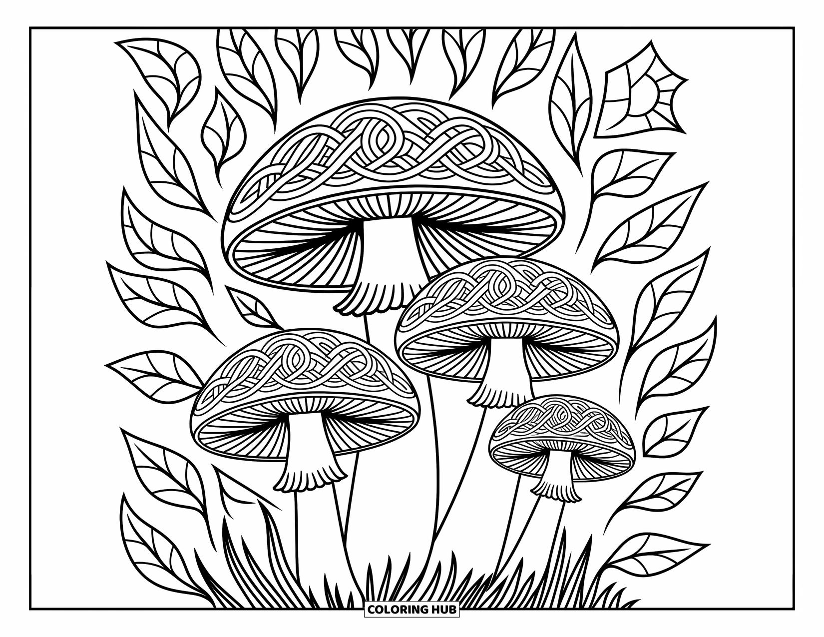 Desen de colorat cu ciuperci pentru adulți: Ciuperci mari cu modele de noduri celtice pe pălăriile lor