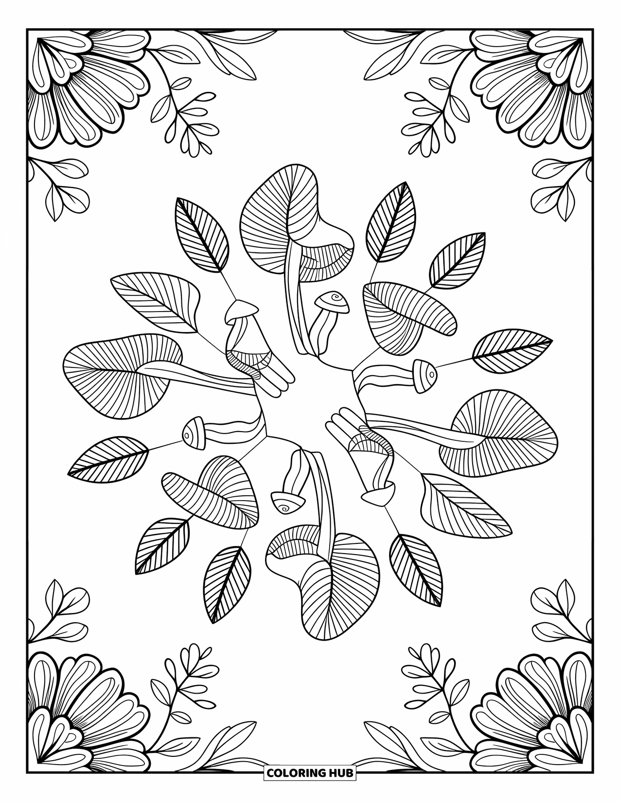 Desen de colorat cu ciuperci pentru adulți: Mandala cu ciuperci, frunze și flori