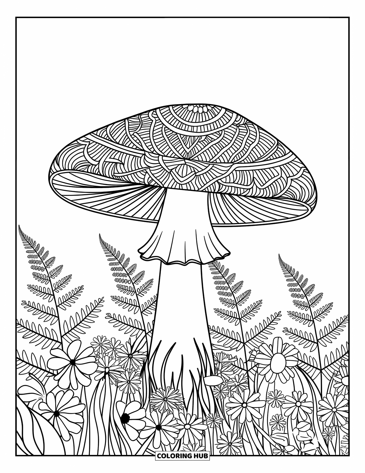Desen de colorat cu ciuperci pentru adulți: Ciupercă cu model de mandala într-un câmp de ferigi și flori
