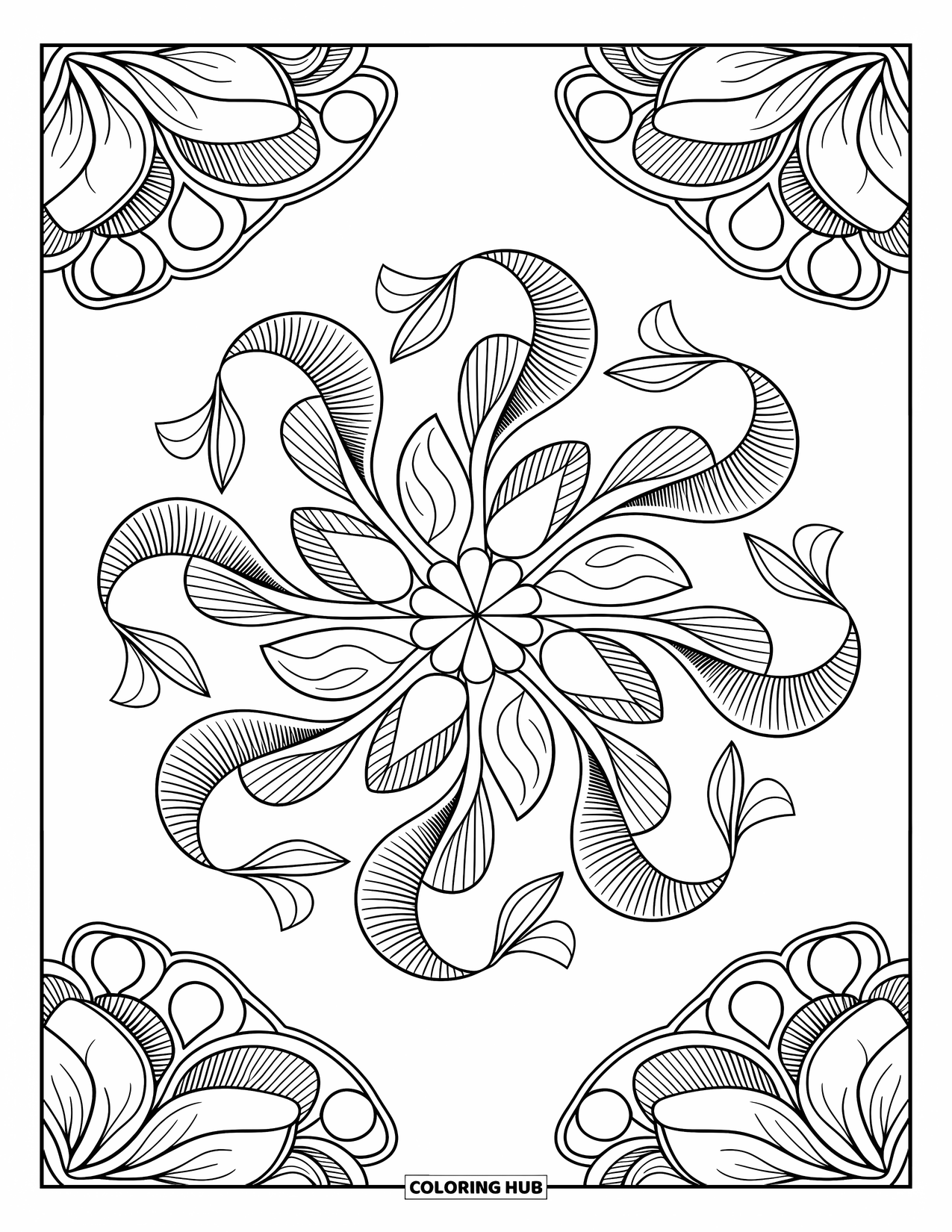 Desen de colorat cu ciuperci pentru adulți: Mandala cu ciuperci, cu frunze și modele florale