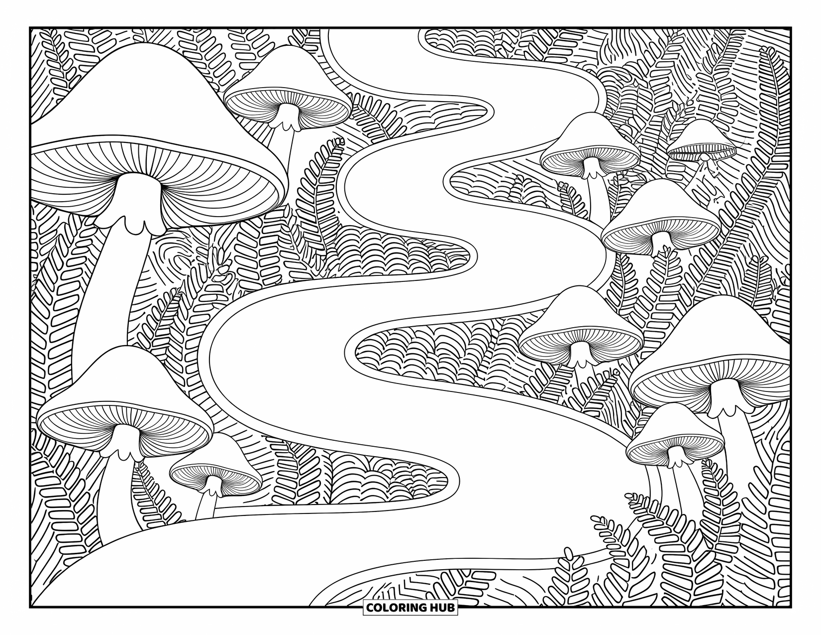 Desen de colorat cu ciuperci pentru adulți: Potecă de ciuperci care șerpuiește printr-o pădure densă de ferigi