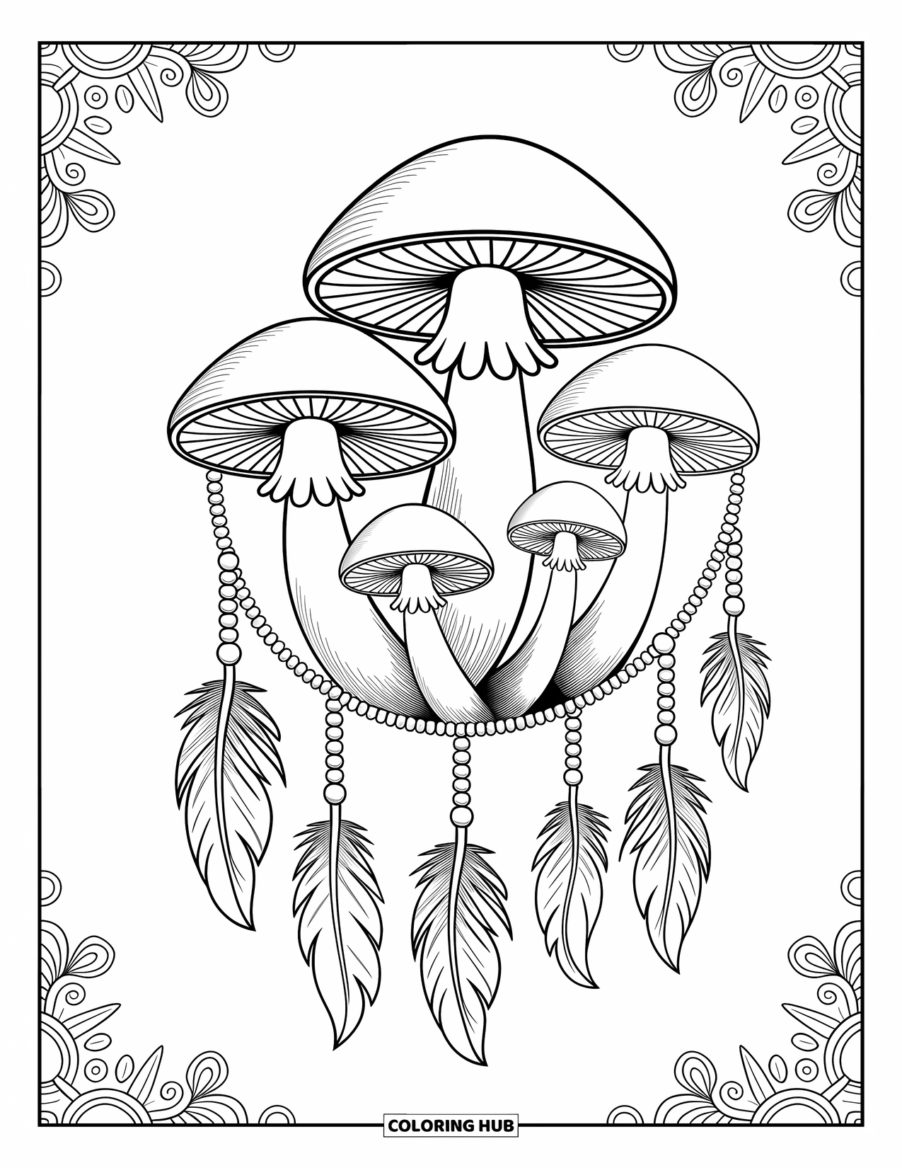 Desen de colorat cu ciuperci pentru adulți: Ciuperci și modele asemănătoare prinzătoarelor de vise cu pene