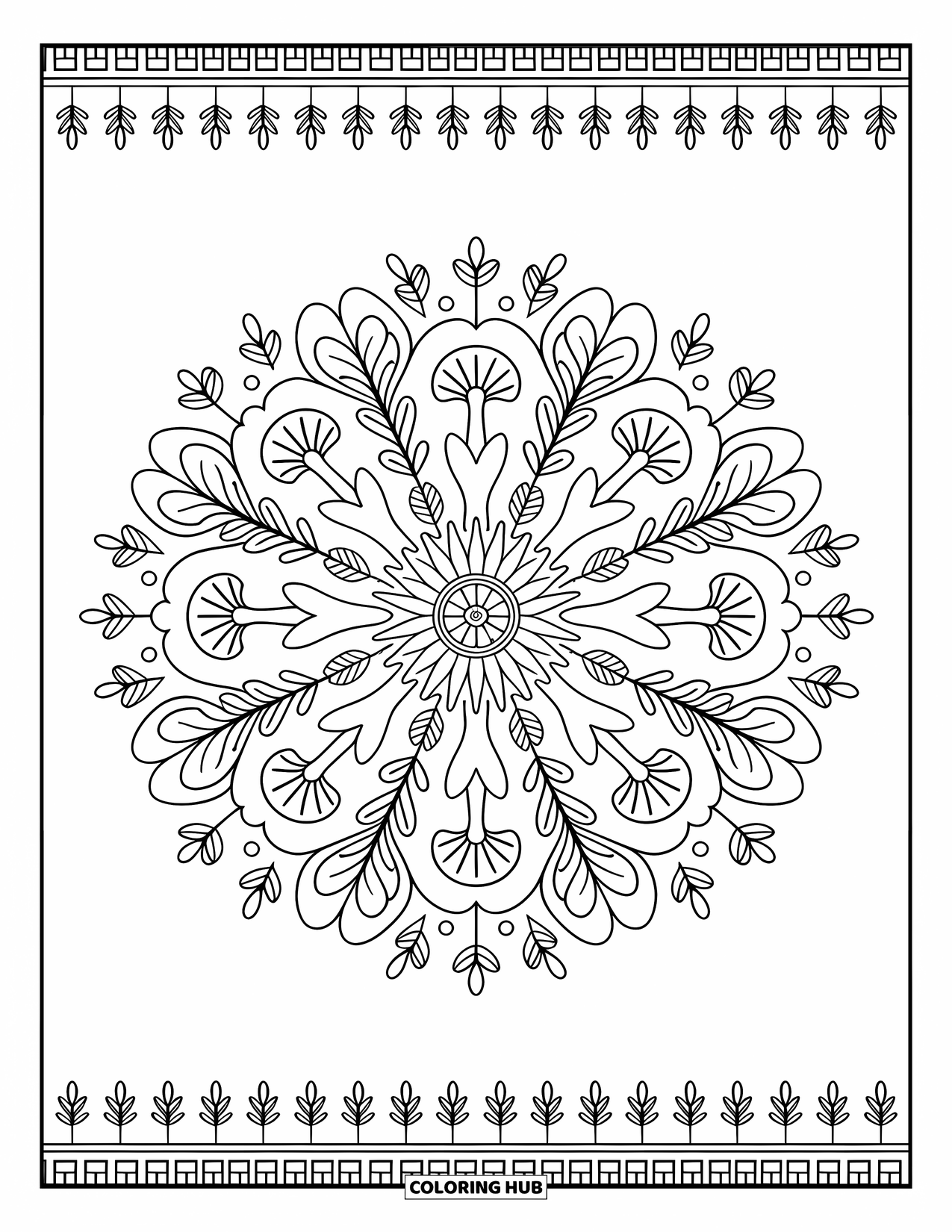 Desen de colorat cu ciuperci pentru adulți: Ciuperci și frunze într-un model de mandala