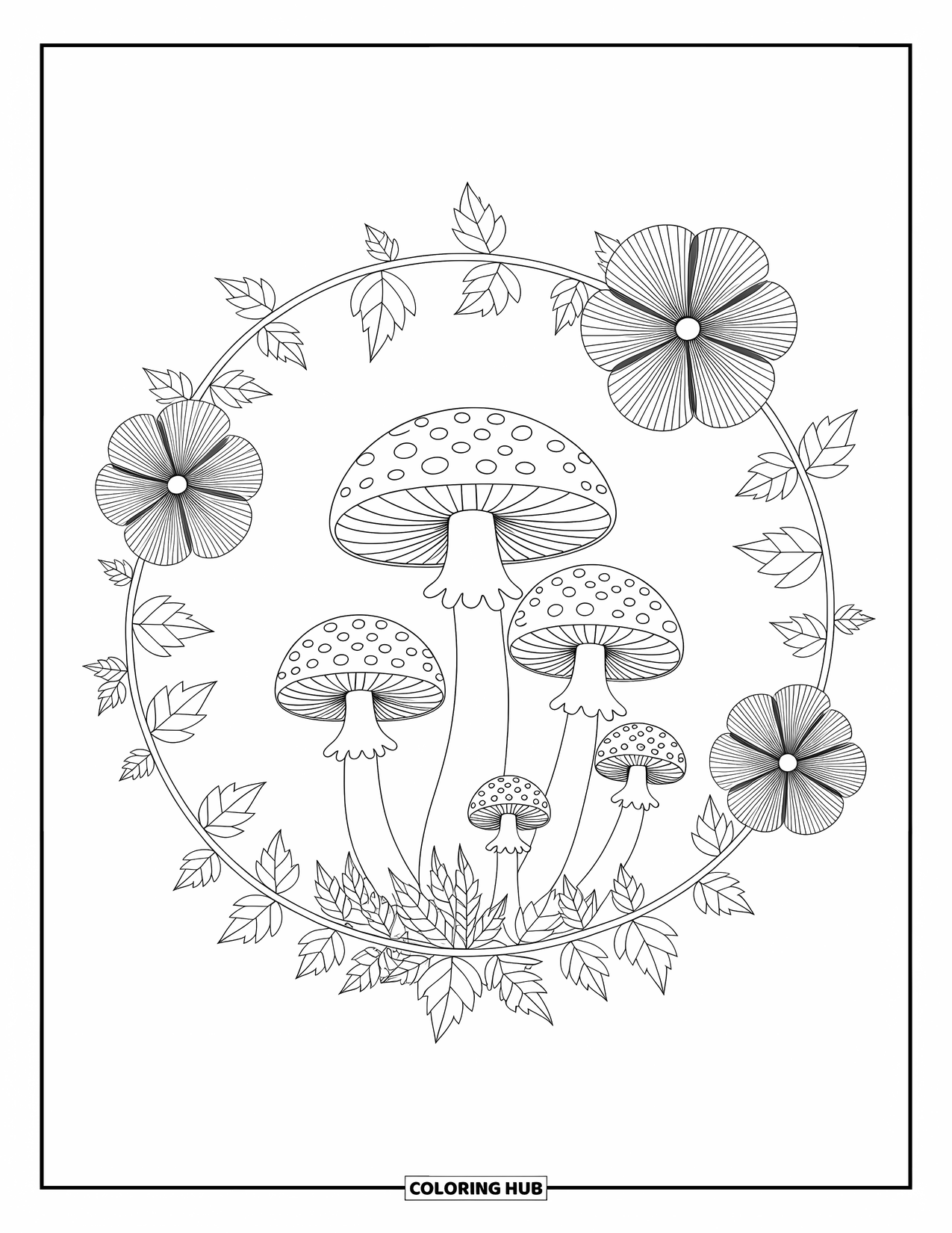 Desen de colorat cu ciuperci pentru adulți: Ciuperci înconjurate de iederă și flori cu modele complicate
