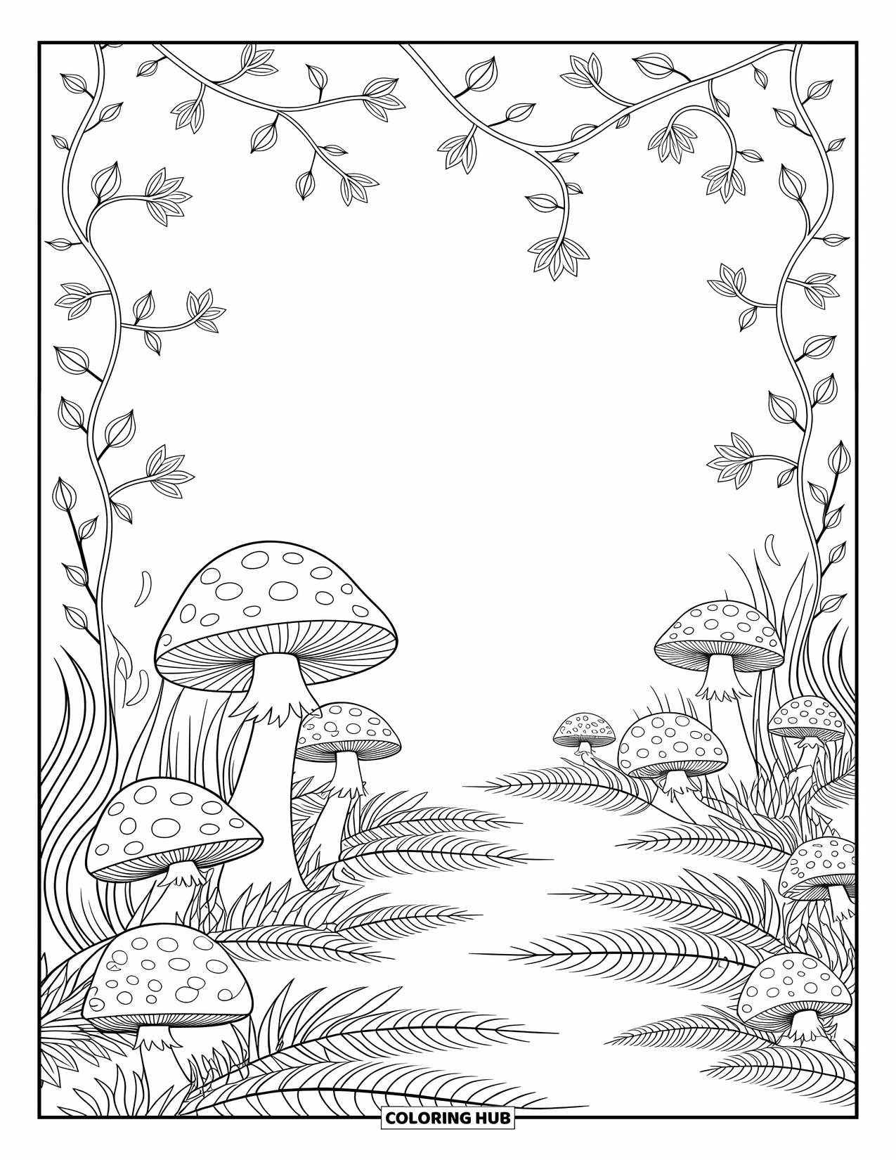 Desen de colorat cu ciuperci pentru adulți: Ciuperci, frunze căzute și modele de rădăcini pe un sol de pădure